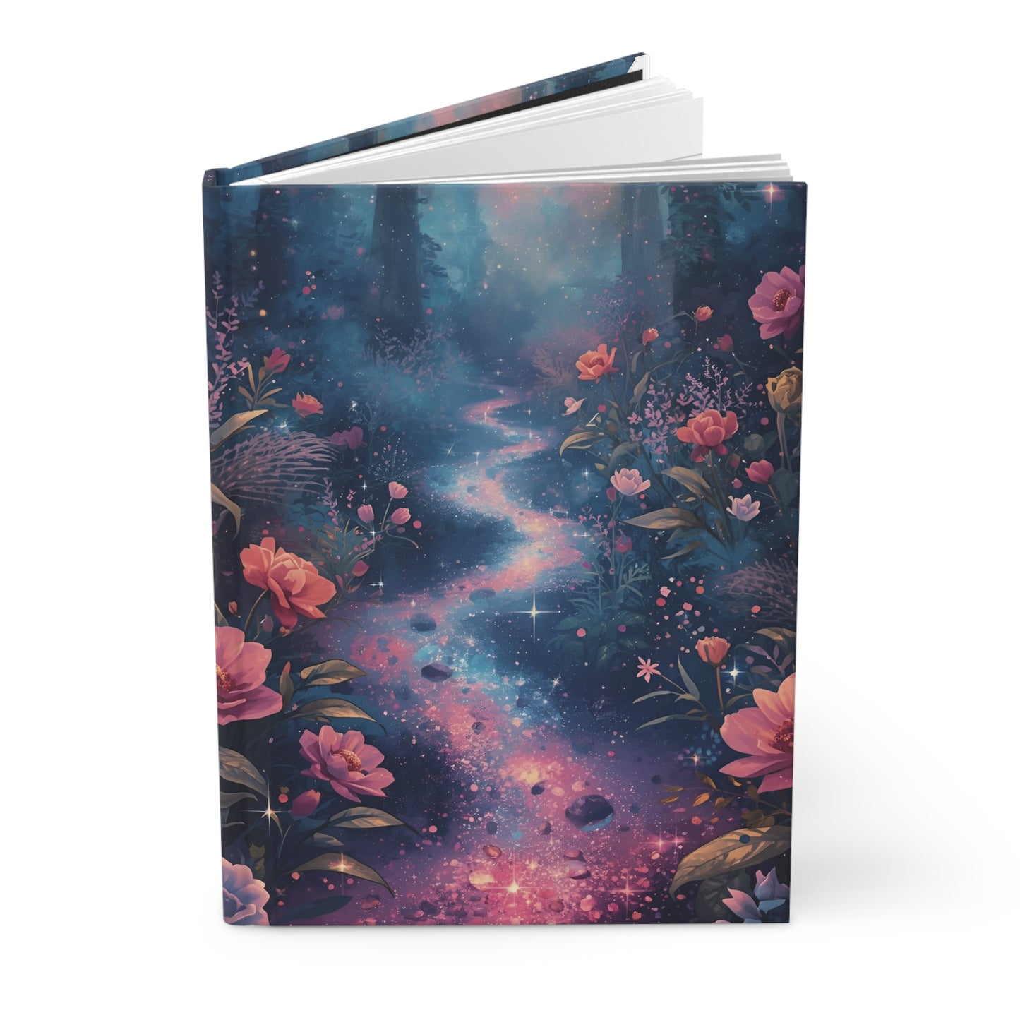 Notebook with a design of flowers and a galaxy on the cover