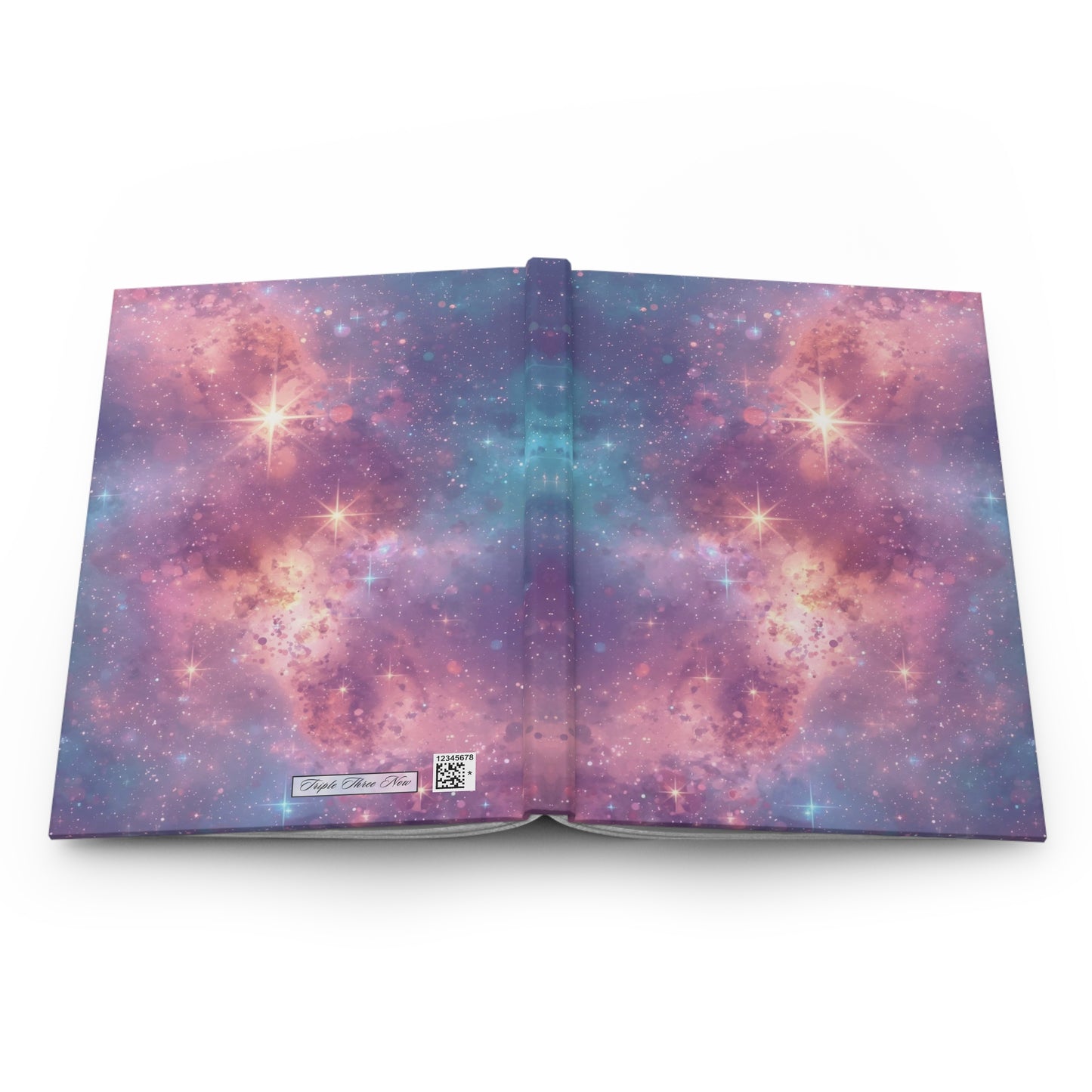 Open book with a galaxy-themed cover on a white background