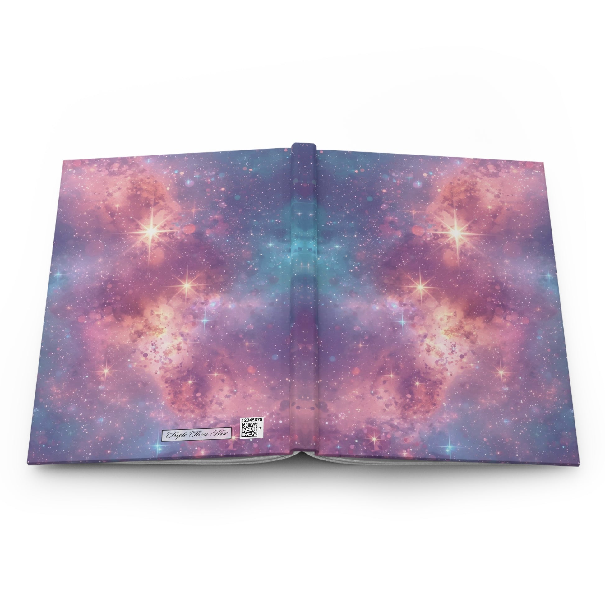 Open book with a galaxy-themed cover on a white background