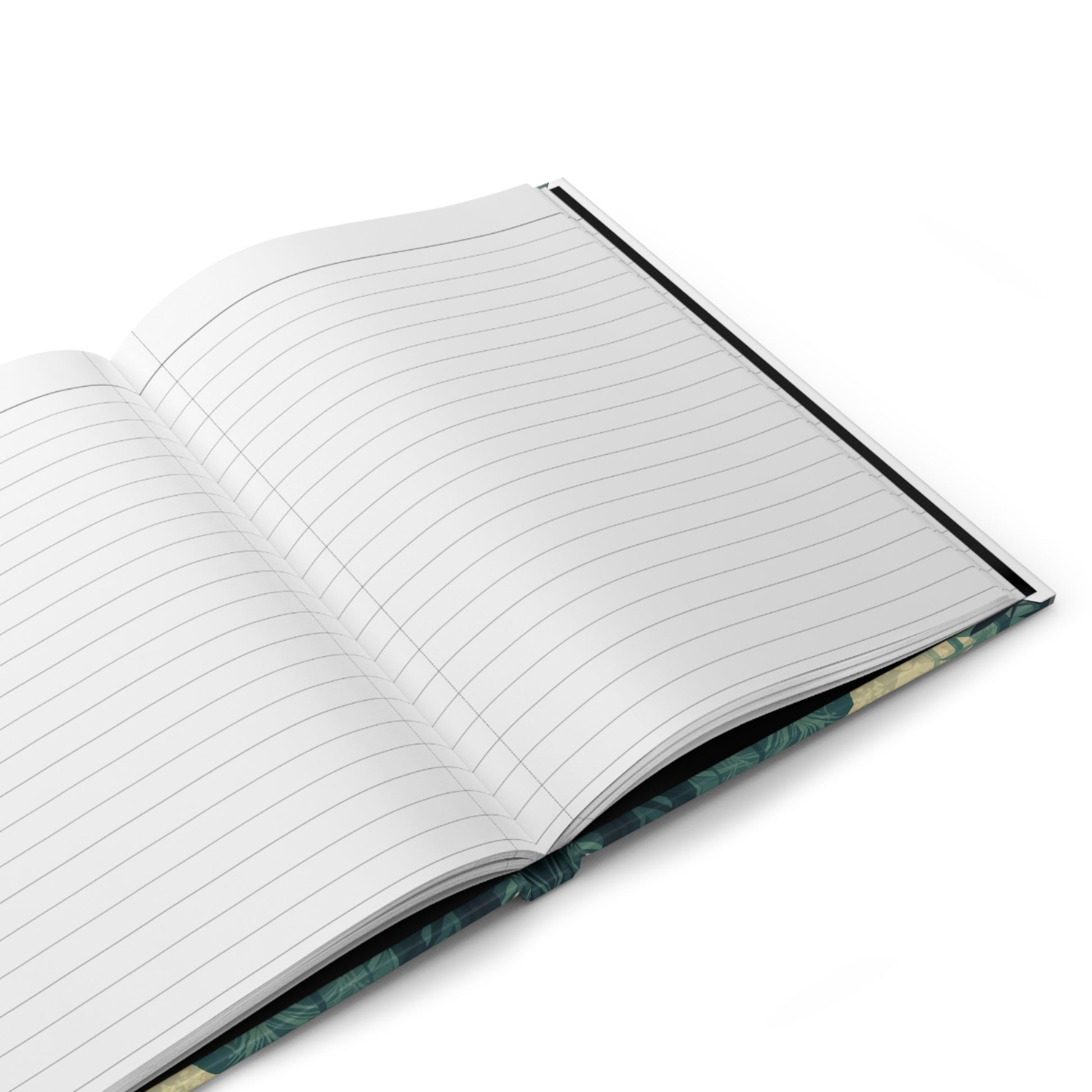 Open notebook with lined pages on a white background