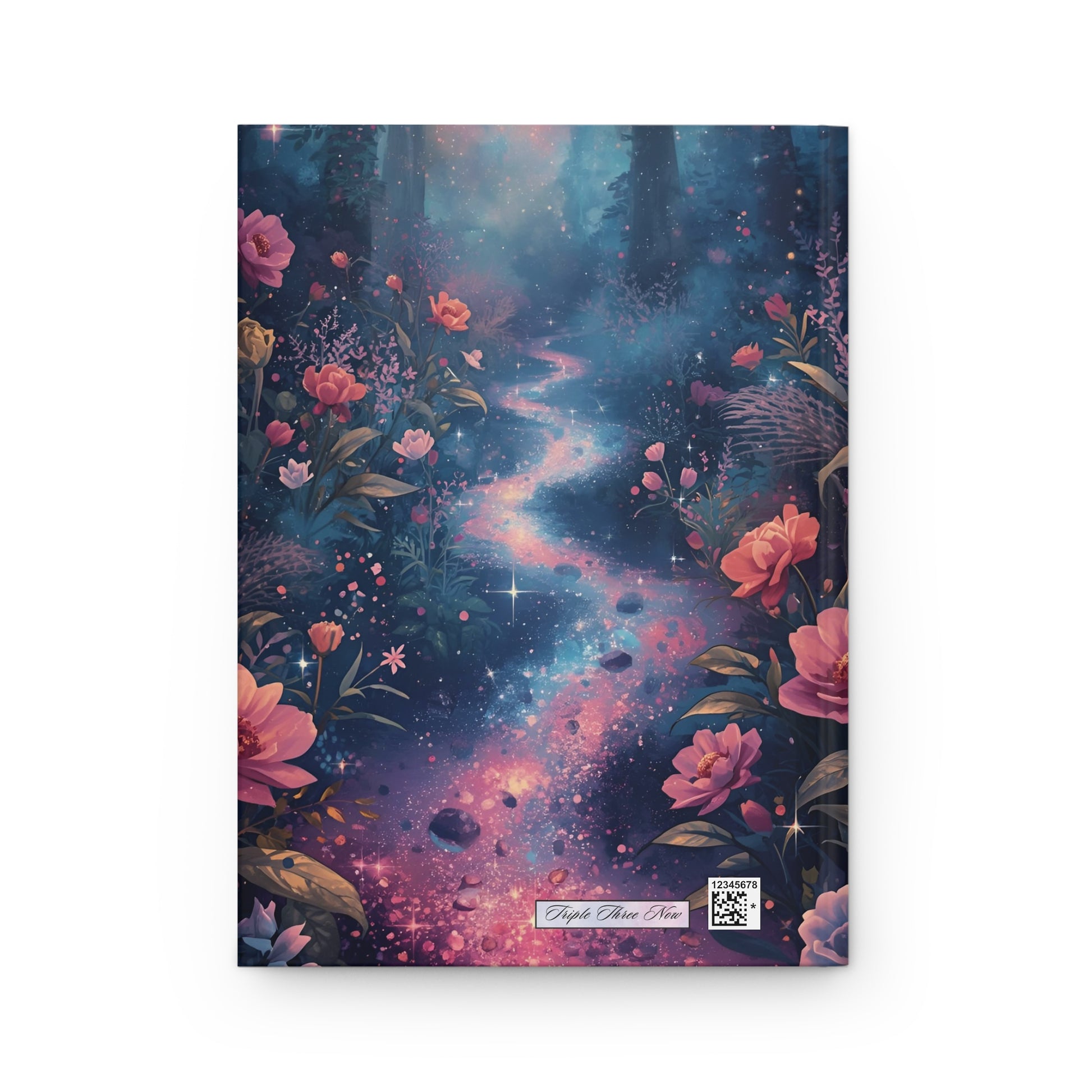 Notebook cover with a fantasy forest design featuring flowers and a starry sky.