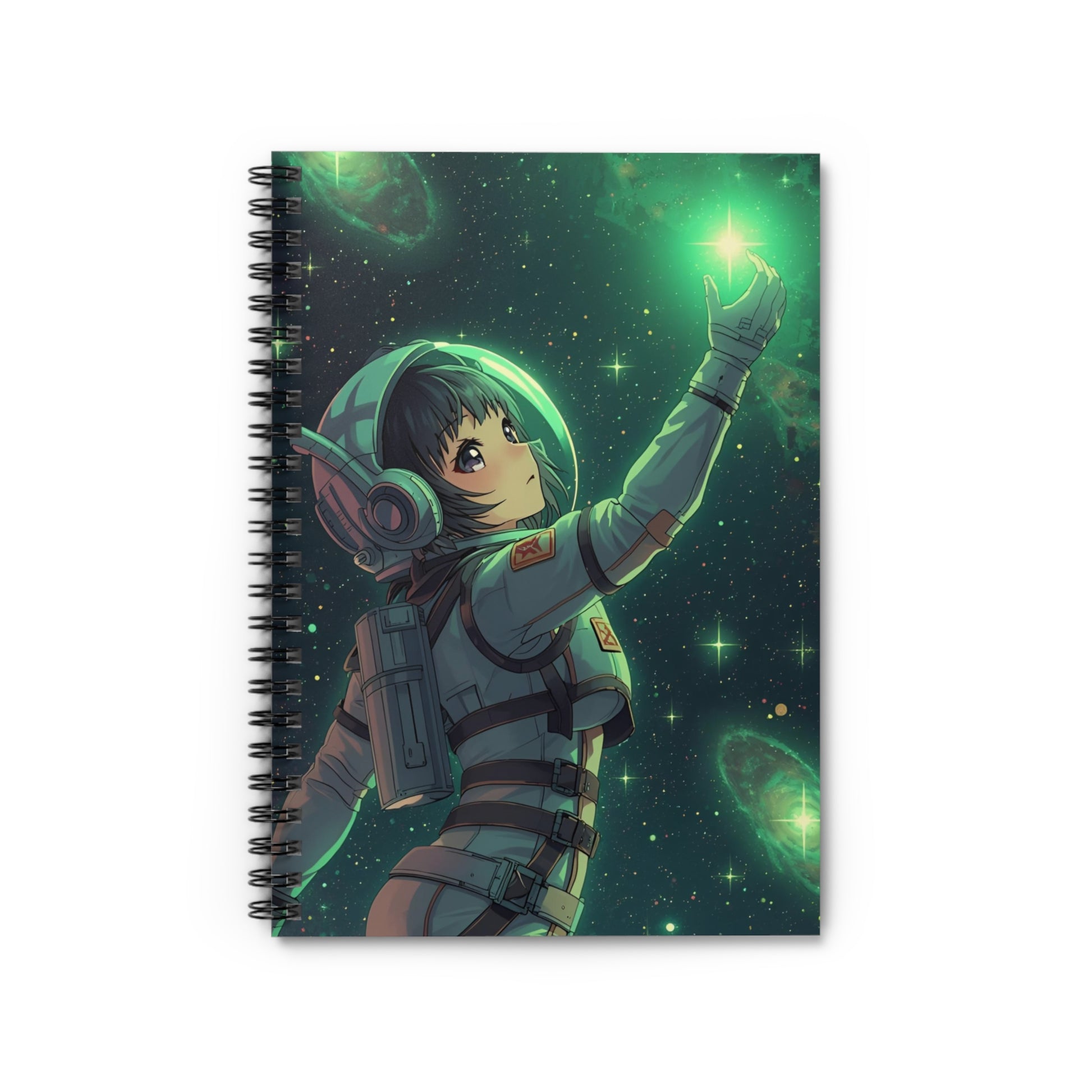 Notebook with an astronaut design on a green space-themed cover