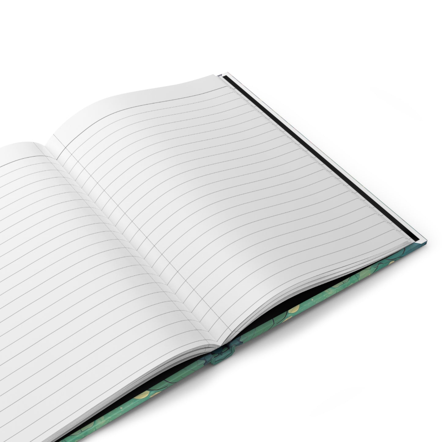 Open notebook with lined pages on a white background