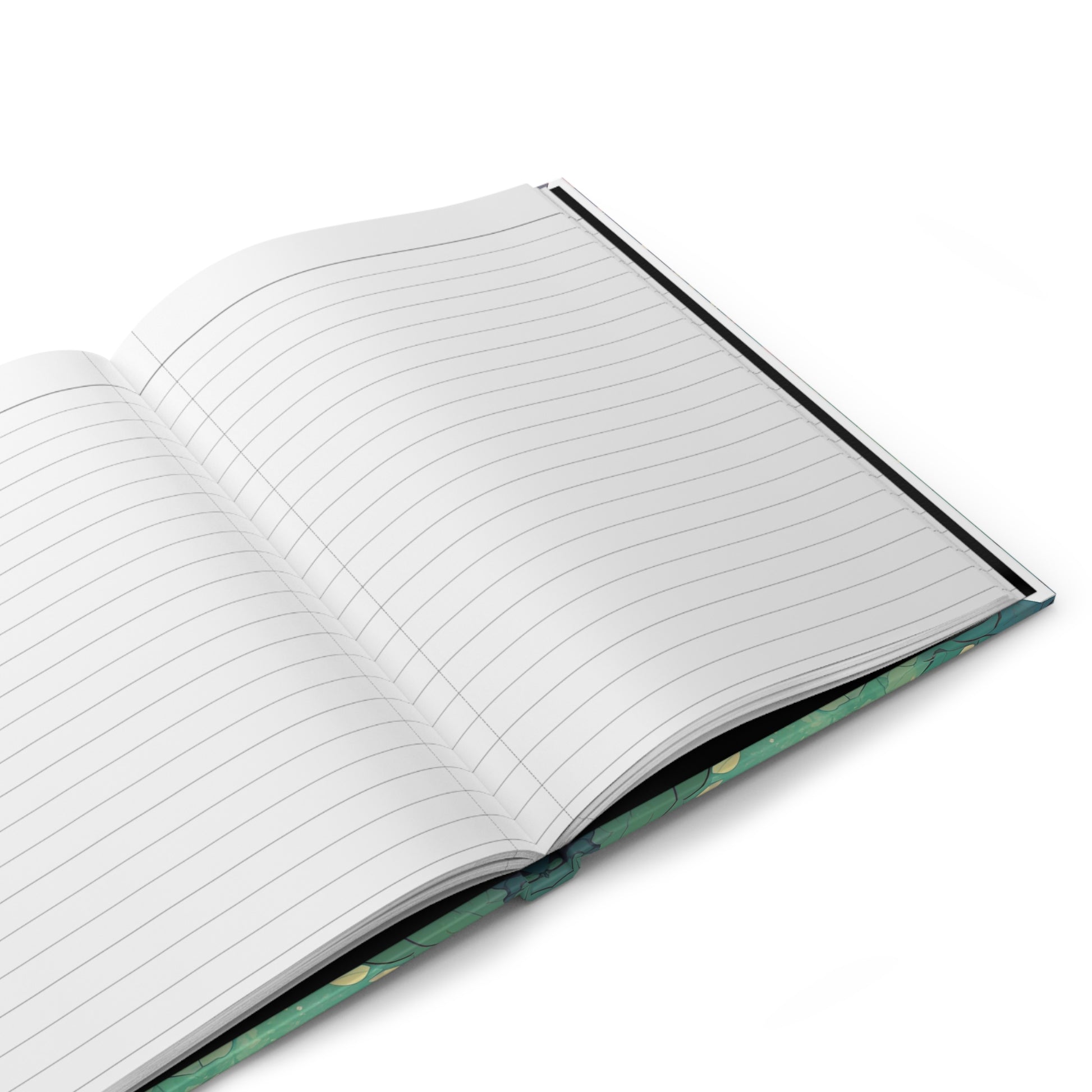 Open notebook with lined pages on a white background