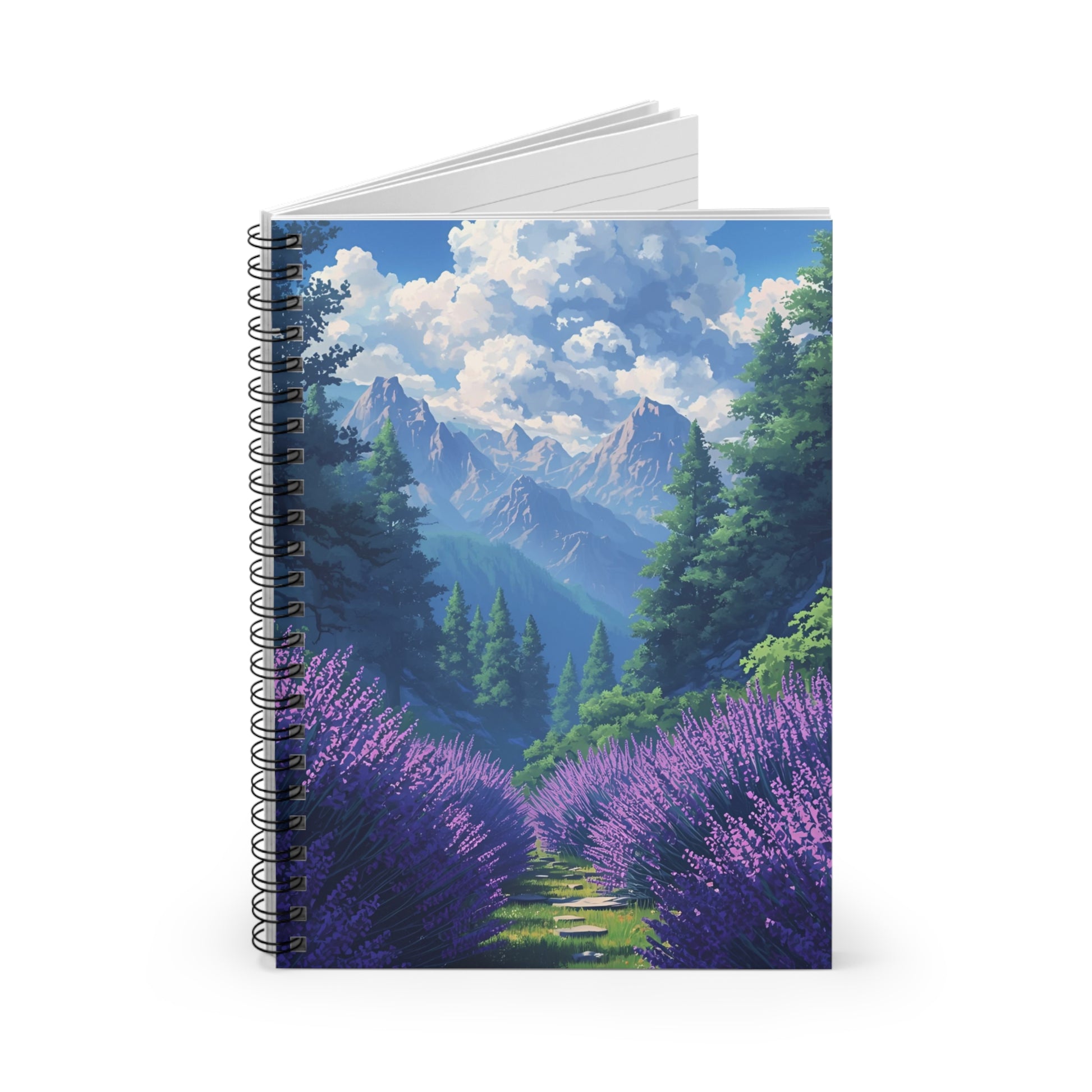 Notebook with a scenic design of lavender fields and mountains on the cover