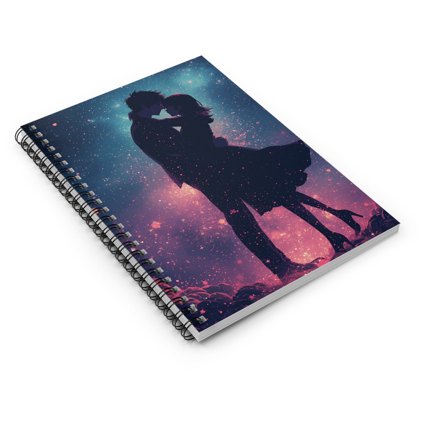 Spiral-bound notebook with a silhouette of a couple against a starry sky design on a white background.