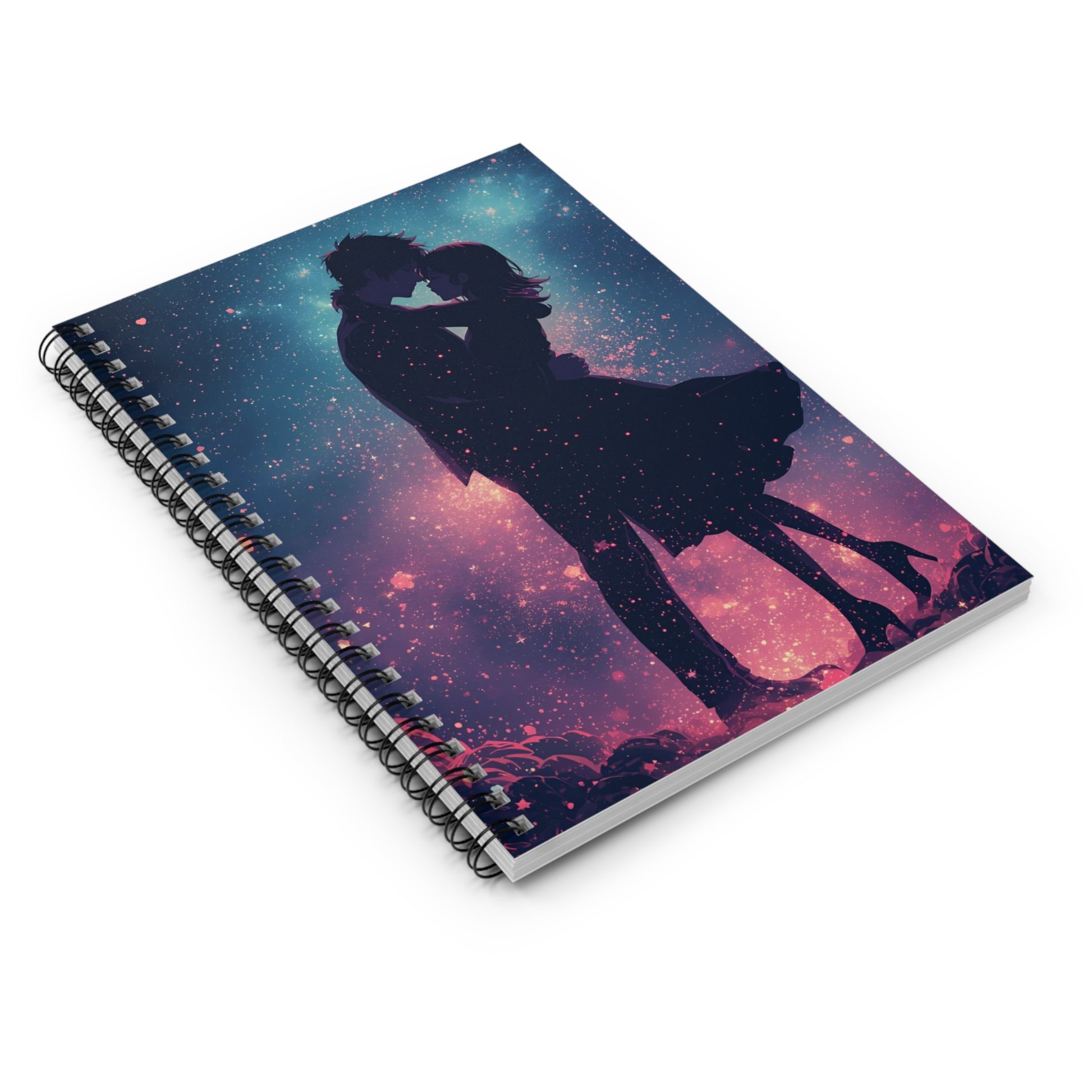 Spiral-bound notebook with a silhouette of a couple against a starry sky design on a white background.