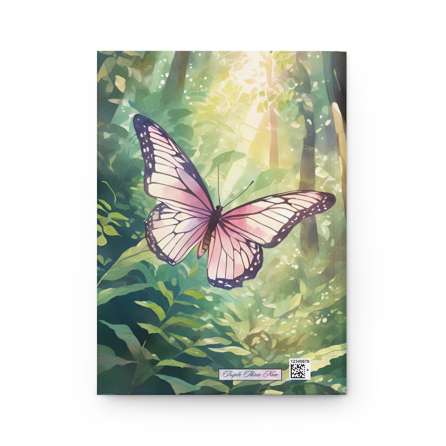Notebook cover with a pink butterfly on a green leafy background