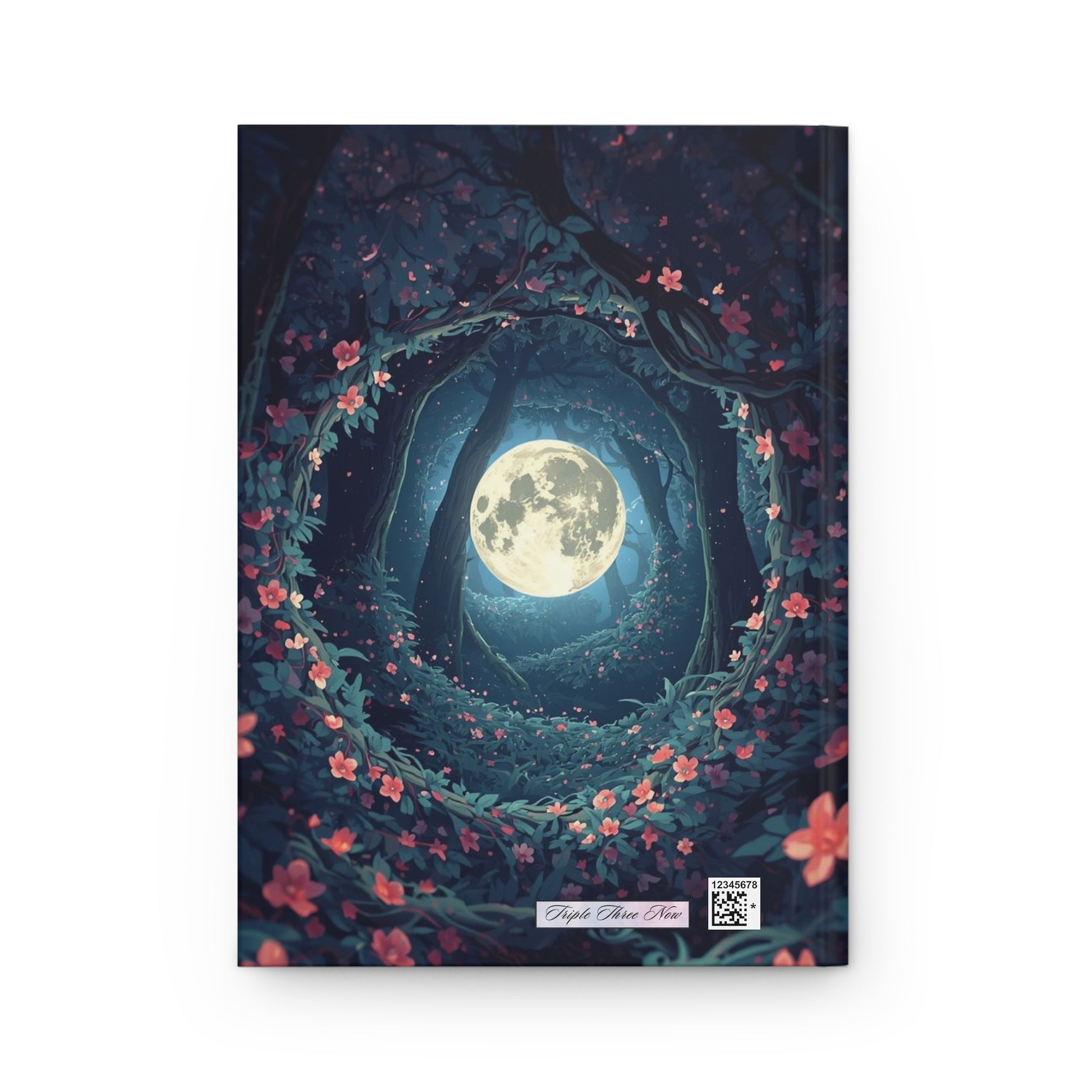 Notebook cover with a design of a full moon surrounded by trees and flowers on a dark blue background.