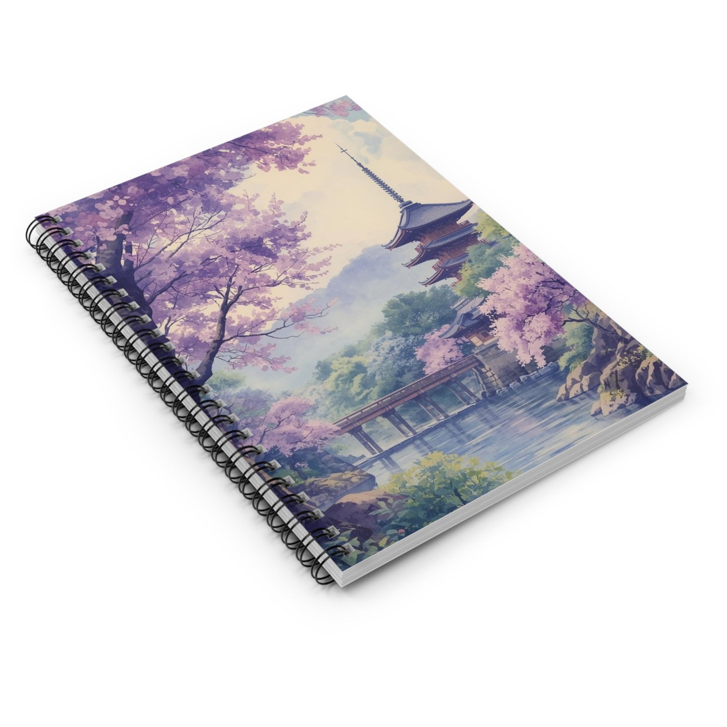 Notebook with a scenic design of a pagoda and cherry blossoms on a white background