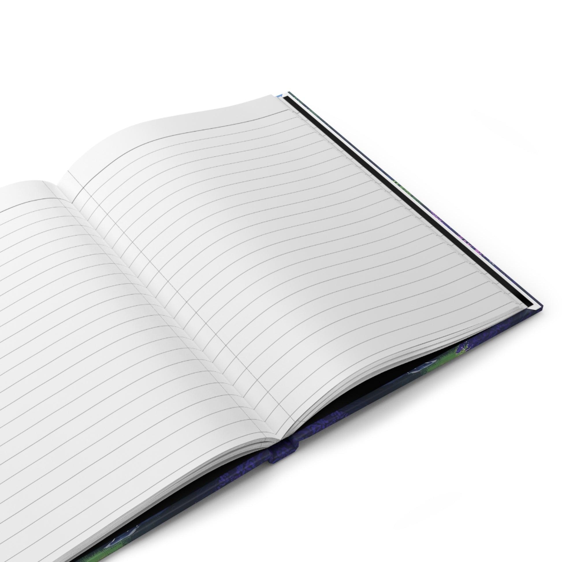 Open notebook with lined pages on a white background