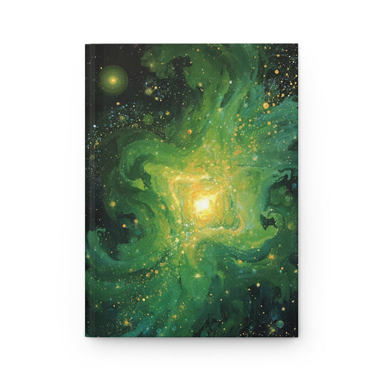 Notebook with a green galaxy design on a white background