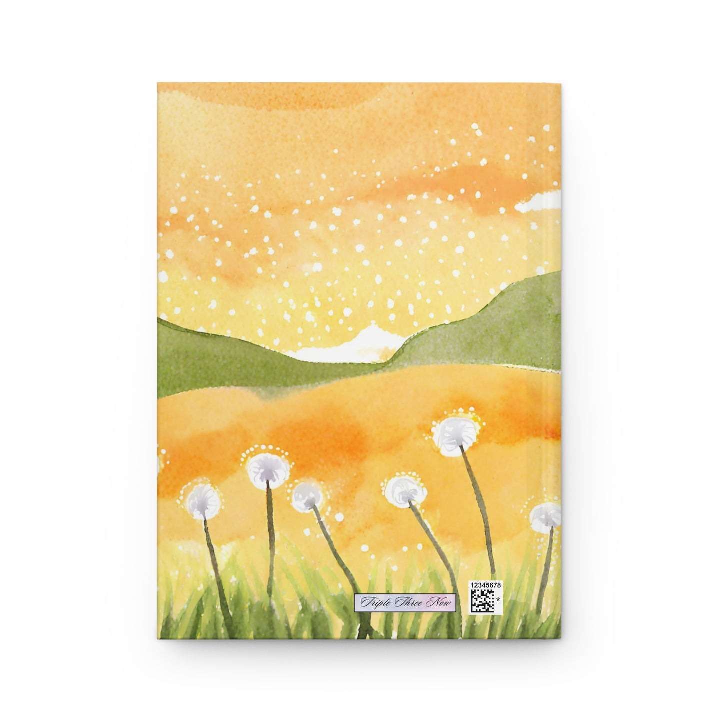 Notebook cover with a scenic illustration of dandelions and rolling hills on a yellow background.