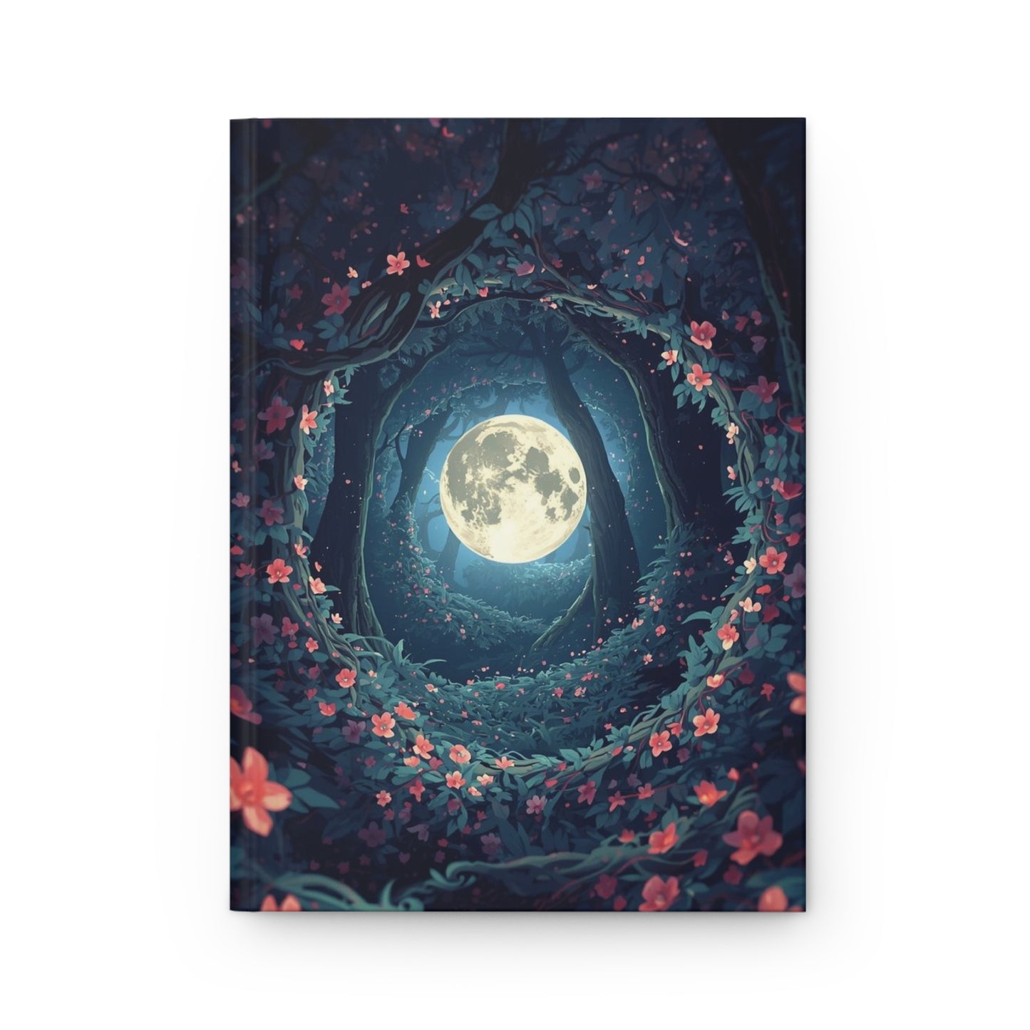 Notebook cover with a fantasy design of a moonlit forest path surrounded by flowers on a white background.
