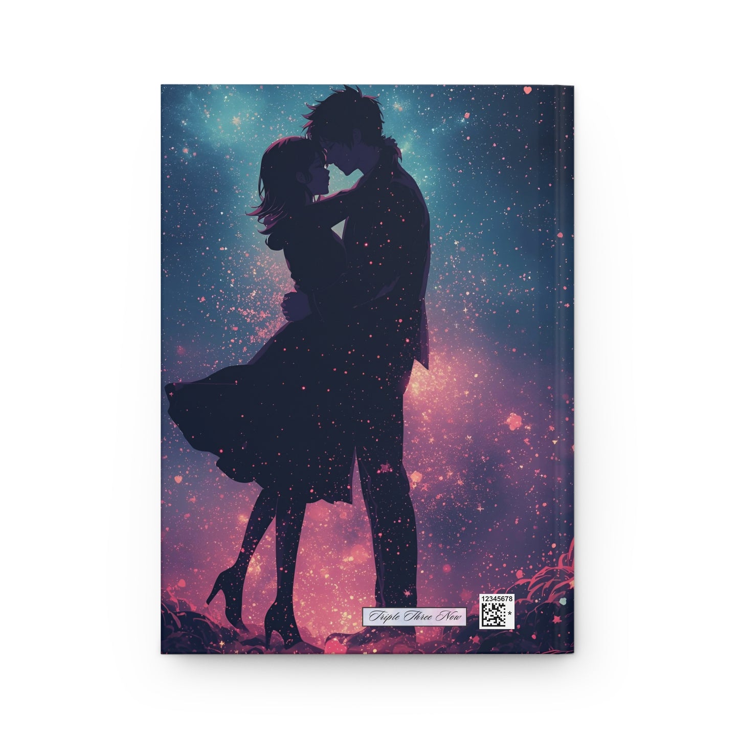 Silhouette of a couple embracing against a starry sky on a notebook cover.