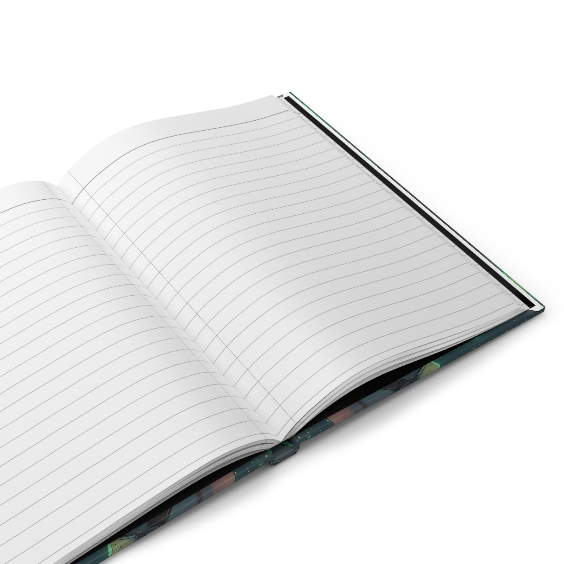 Open notebook with lined pages on a white background