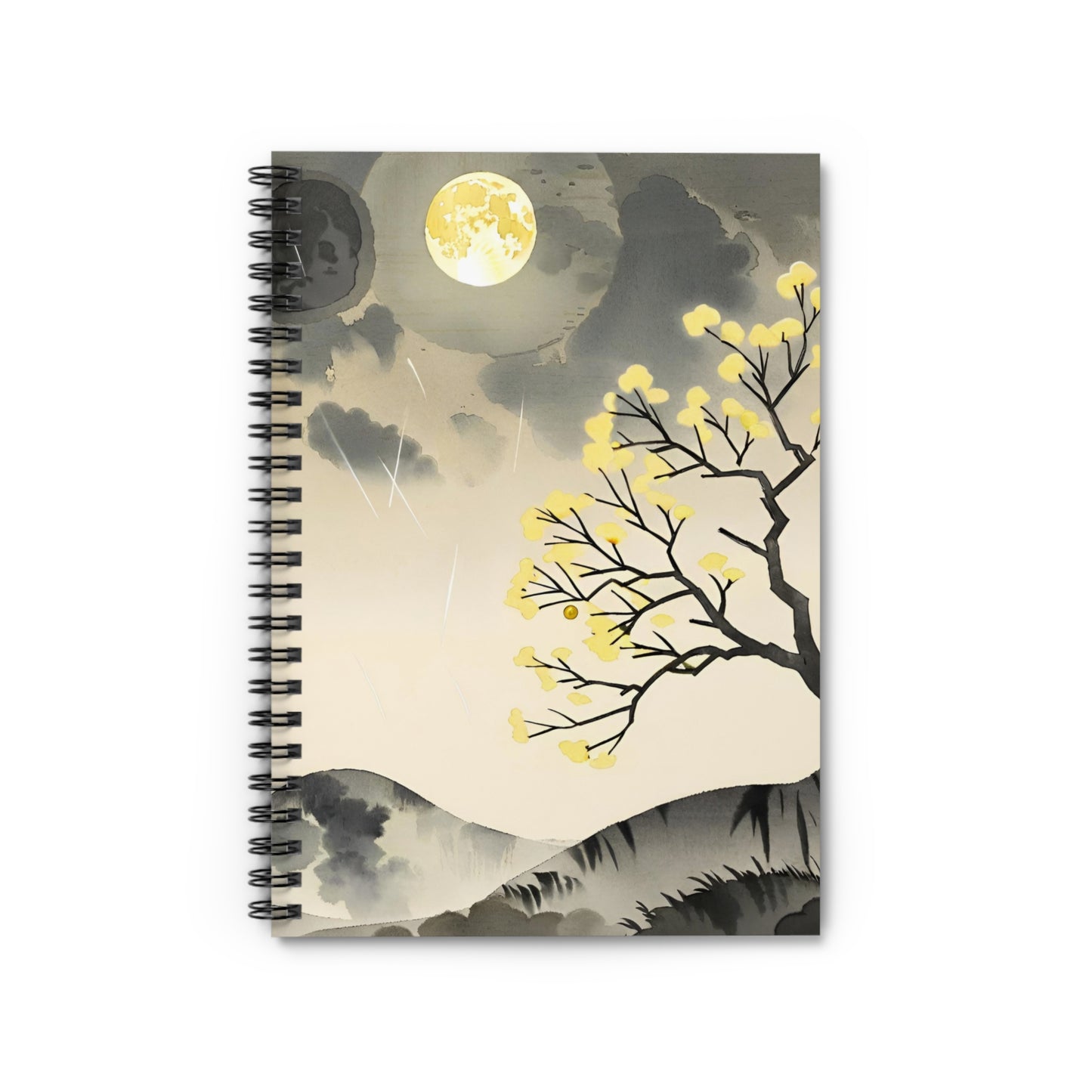 Moonlit Ink Landscape Watercolor Spiral Notebook Front Cover