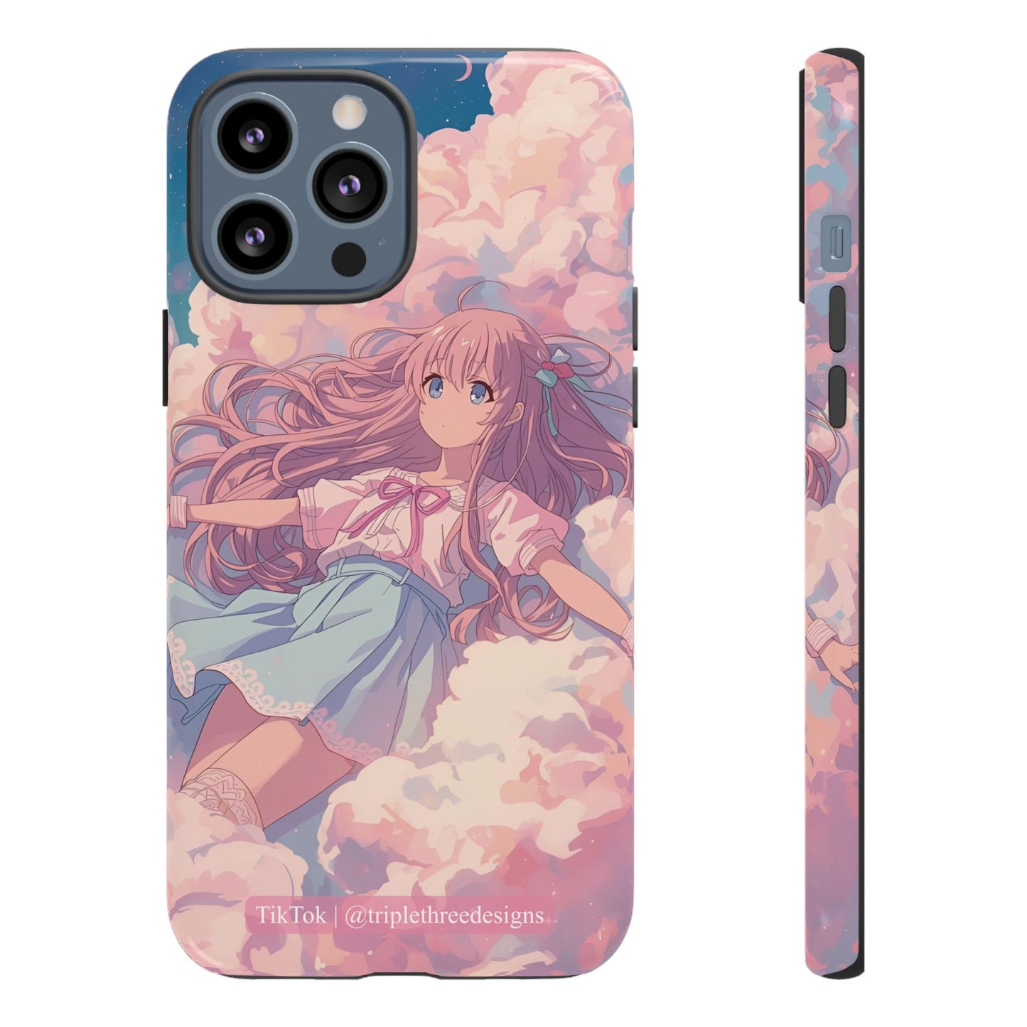 Phone case with anime-style girl in clouds design