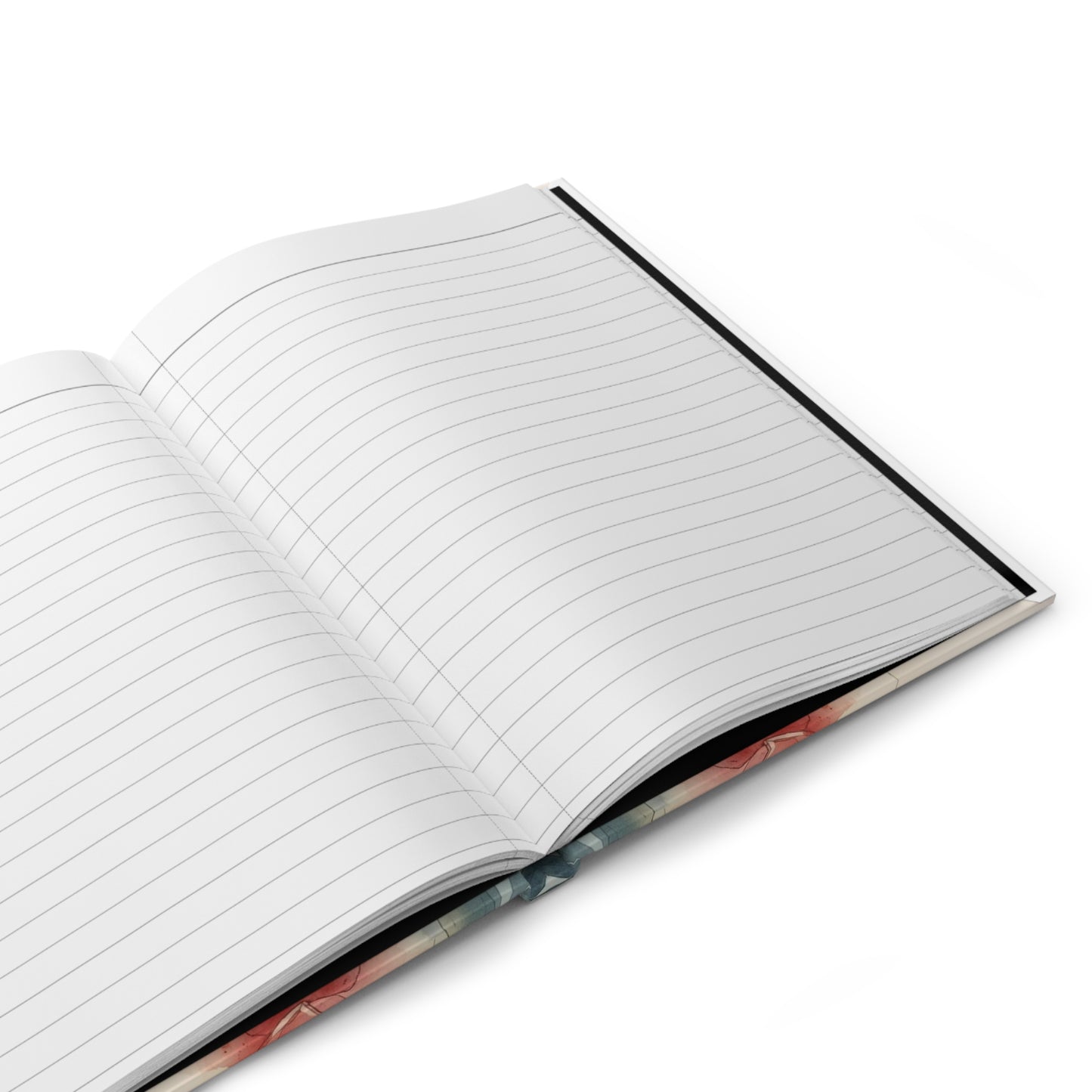 Open notebook with lined pages on a white background