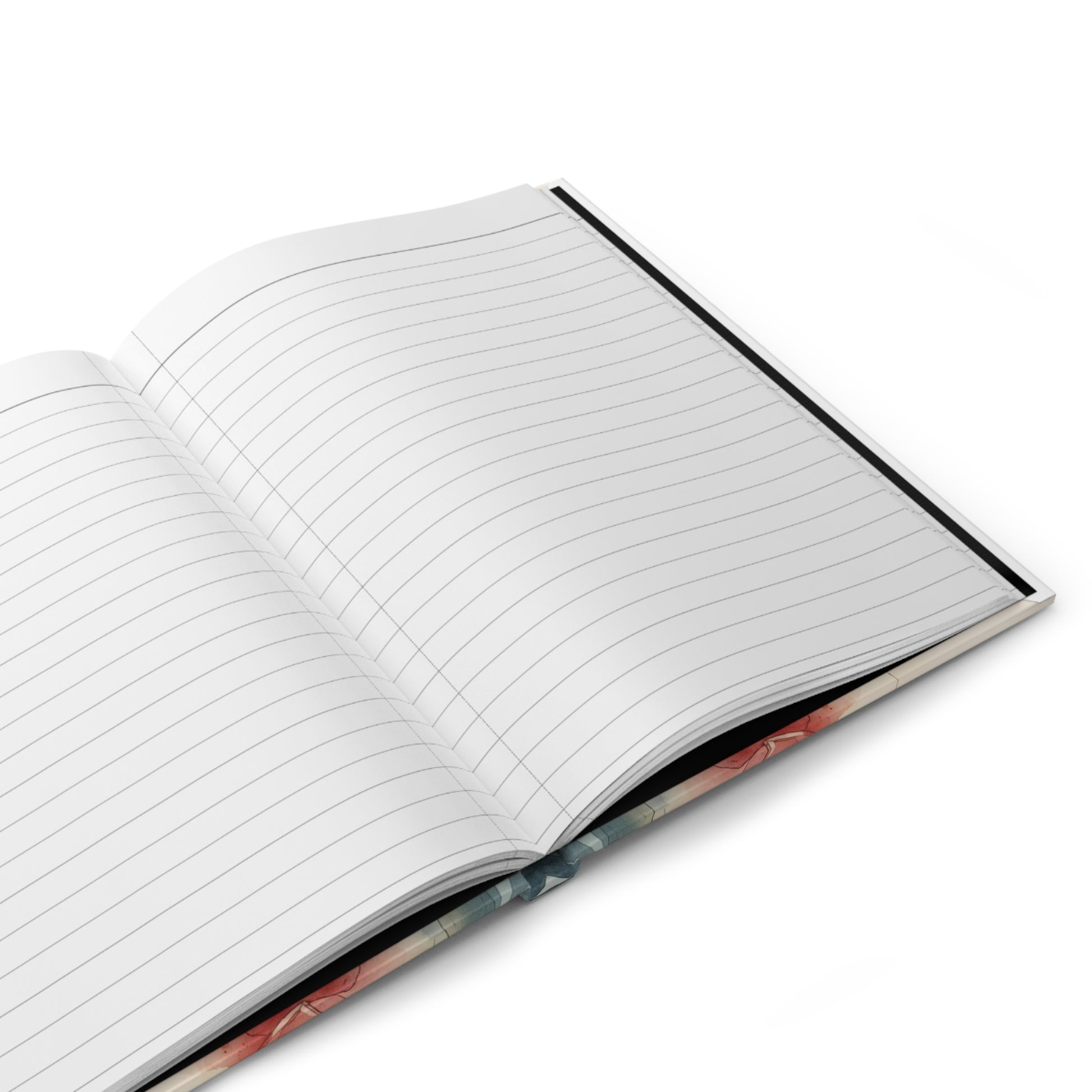 Open notebook with lined pages on a white background