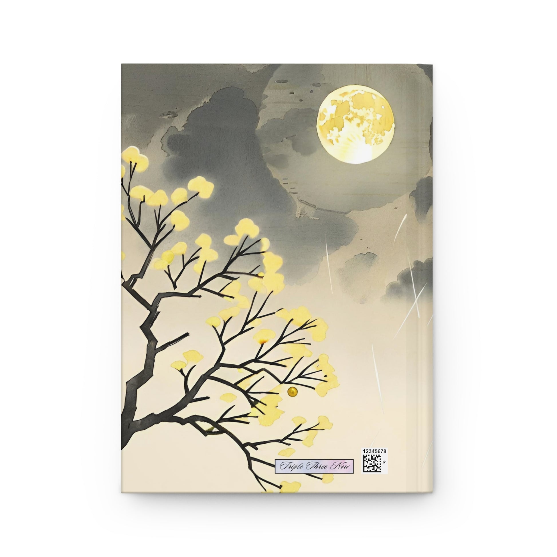 Notebook cover with tree branches and yellow flowers against a moonlit sky