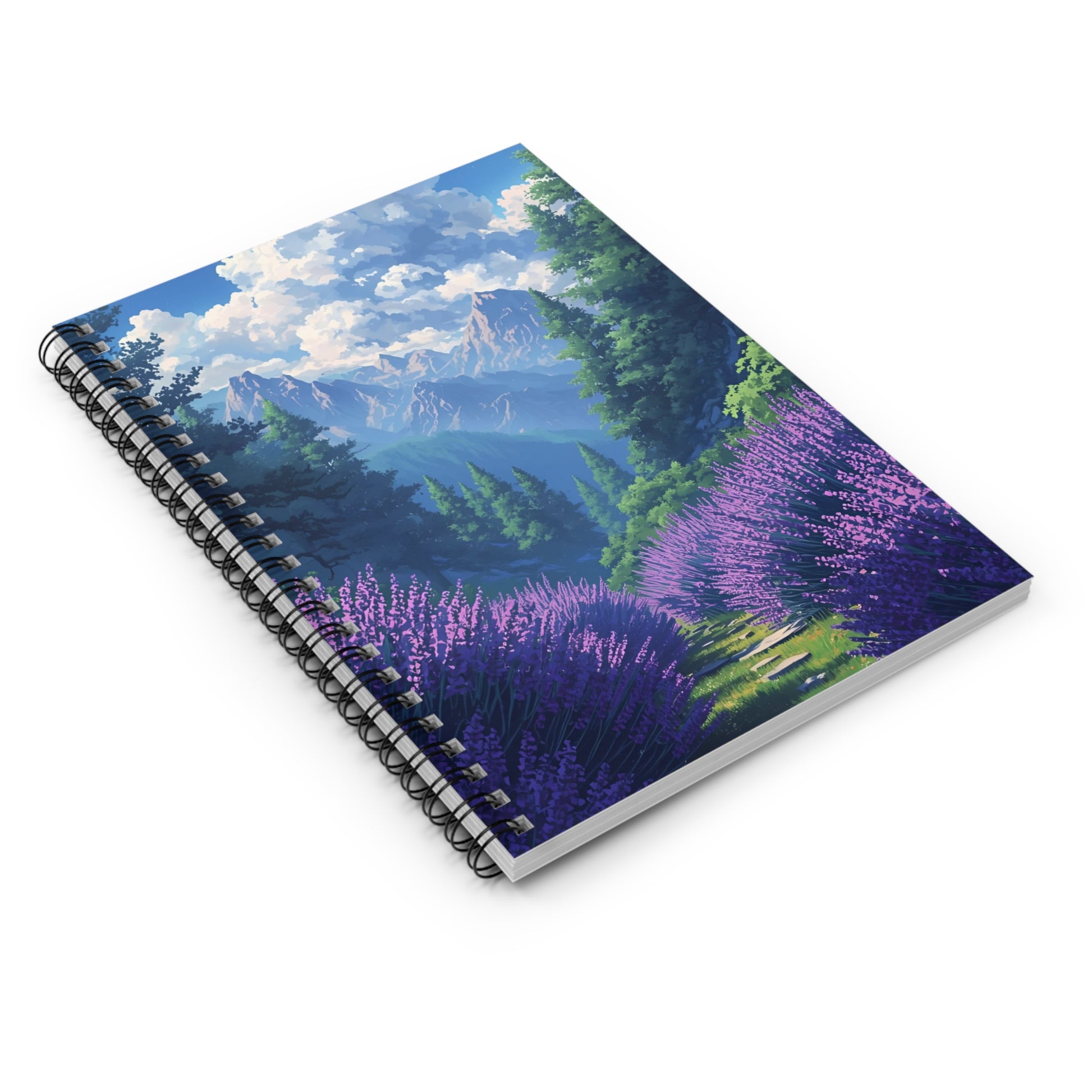 Notebook with a scenic design of mountains and lavender fields on a white background