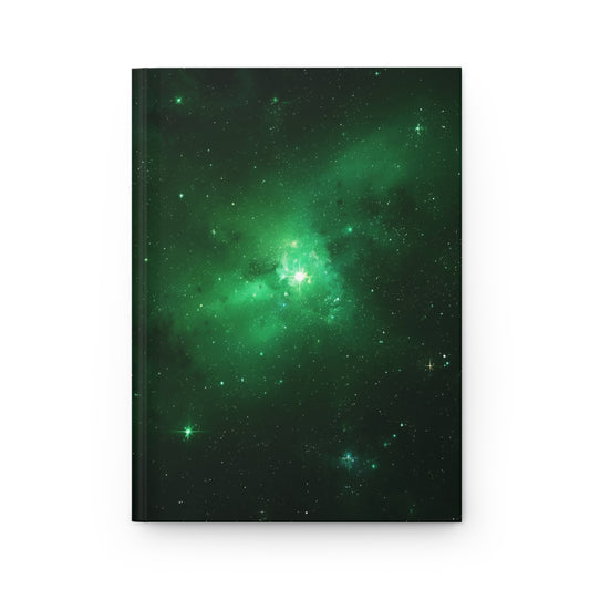 Notebook with a green galaxy design on a white background
