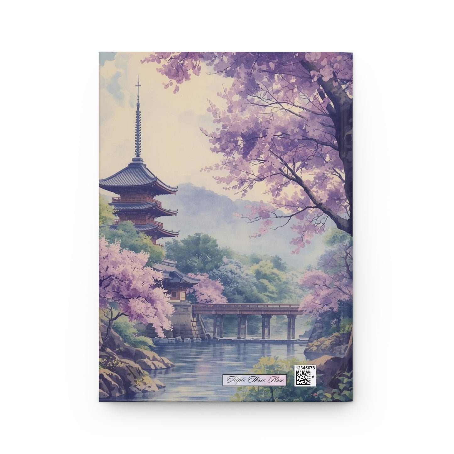 Notebook cover with a scenic design of cherry blossoms and a pagoda.