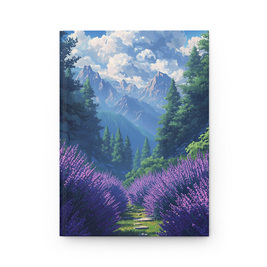 Canvas print of a mountain landscape with lavender fields and trees.