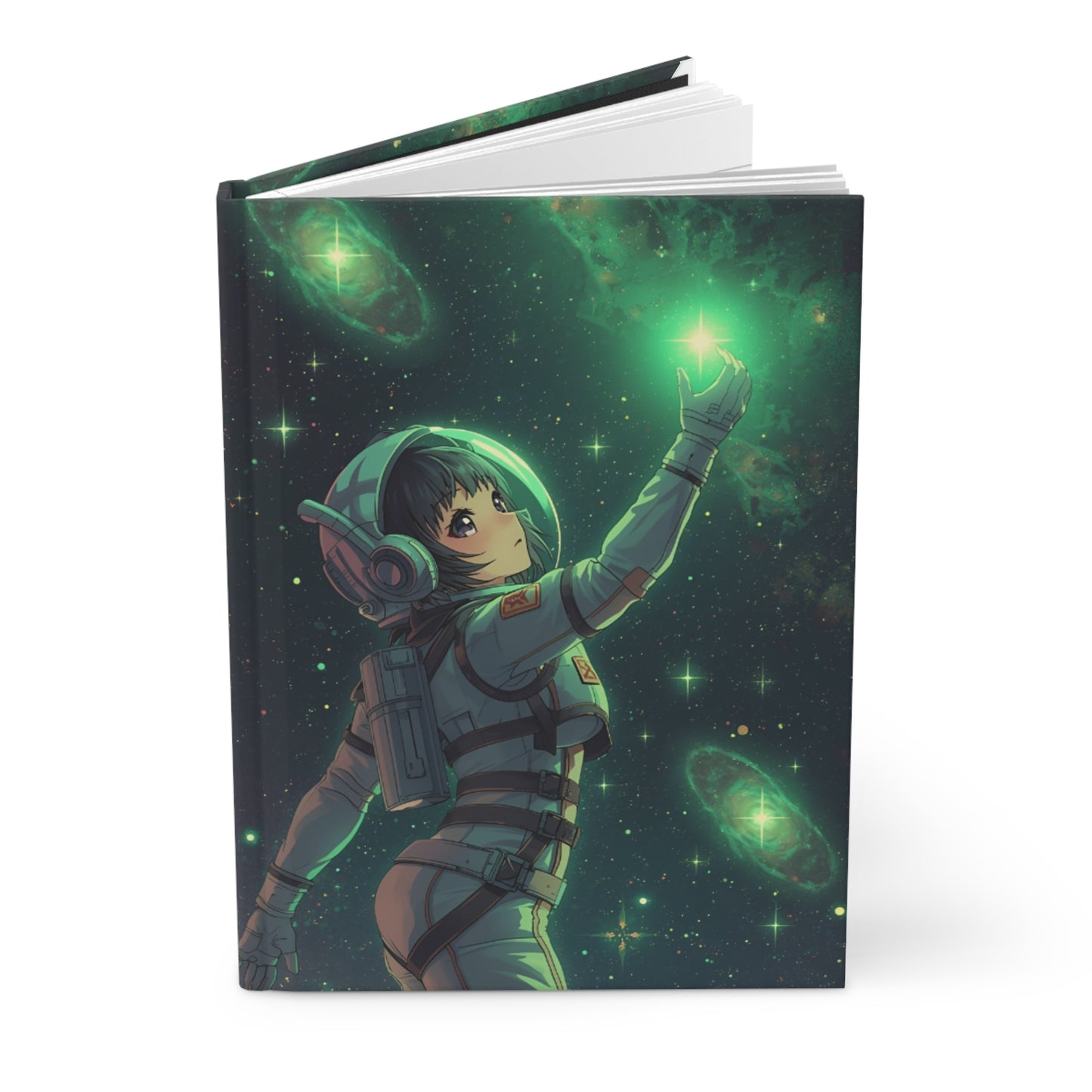 Green Cosmic Anime Girl Space Hardcover Notebook Front Cover