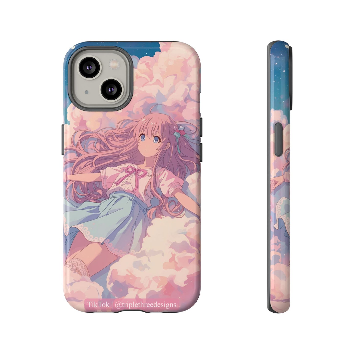 Phone case with anime character design on a pastel background