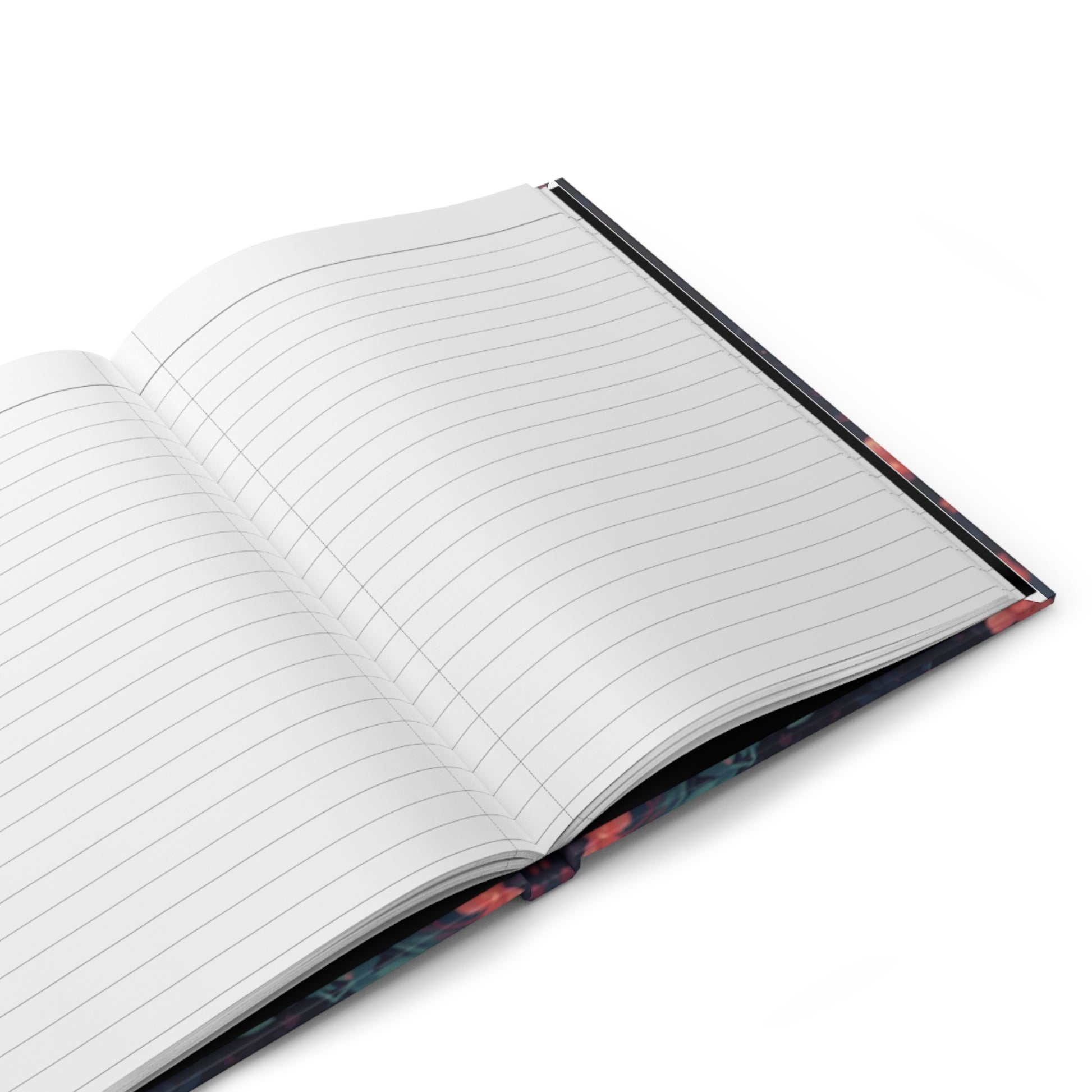 Open notebook with lined pages on a white background