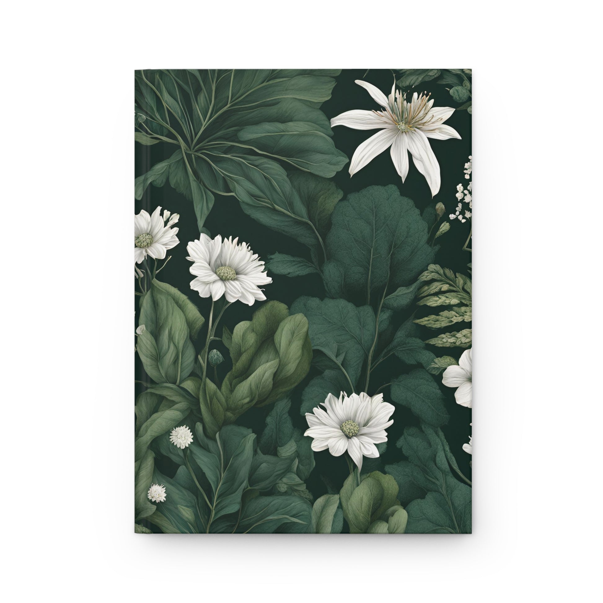 Notebook cover with white flowers and green leaves on a dark background