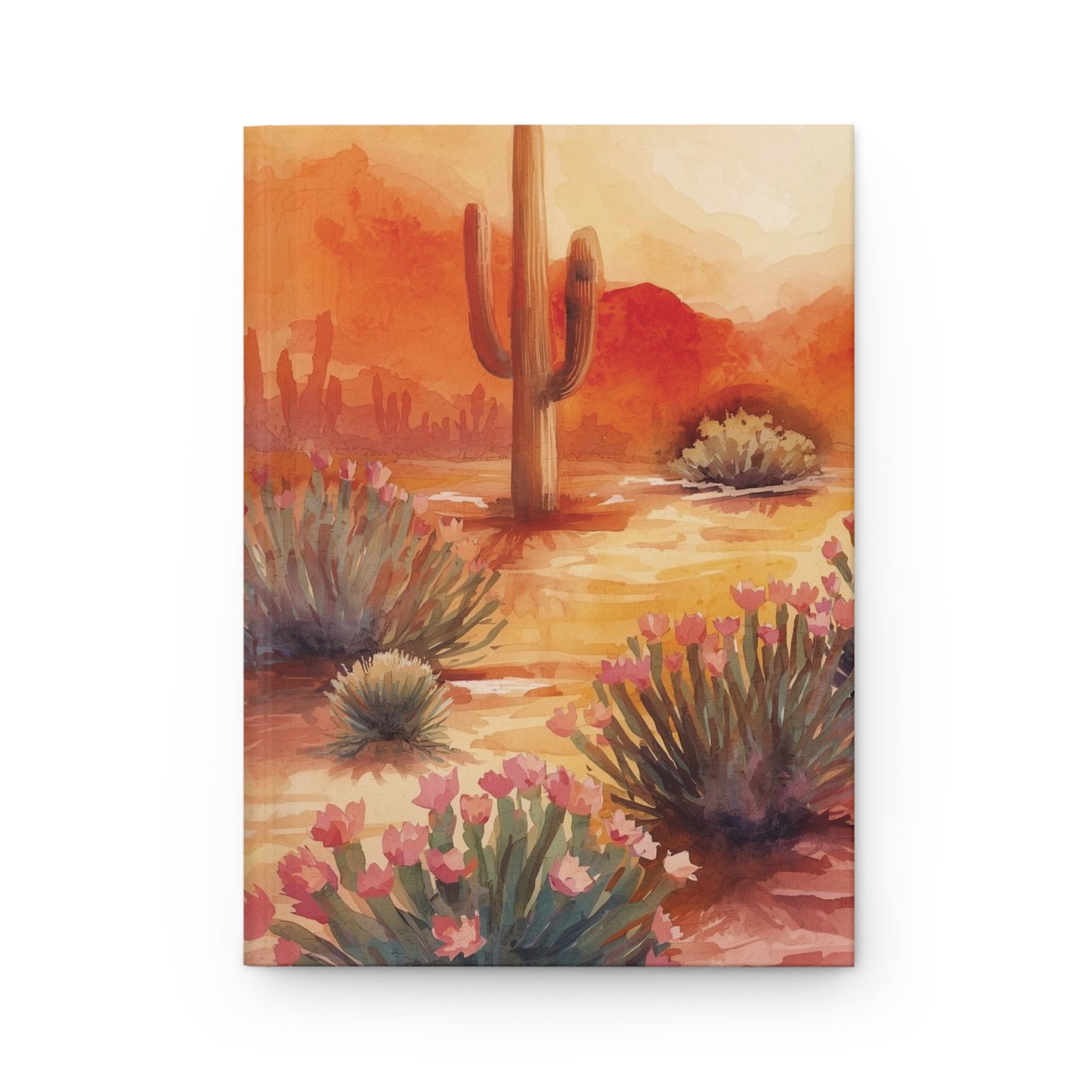 Painting of a desert landscape with cacti and flowers on a white background