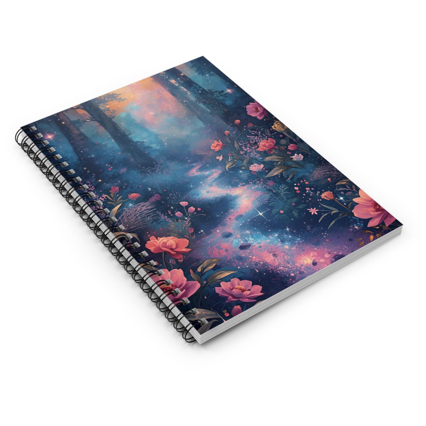 Spiral-bound notebook with a cosmic floral design on a white background