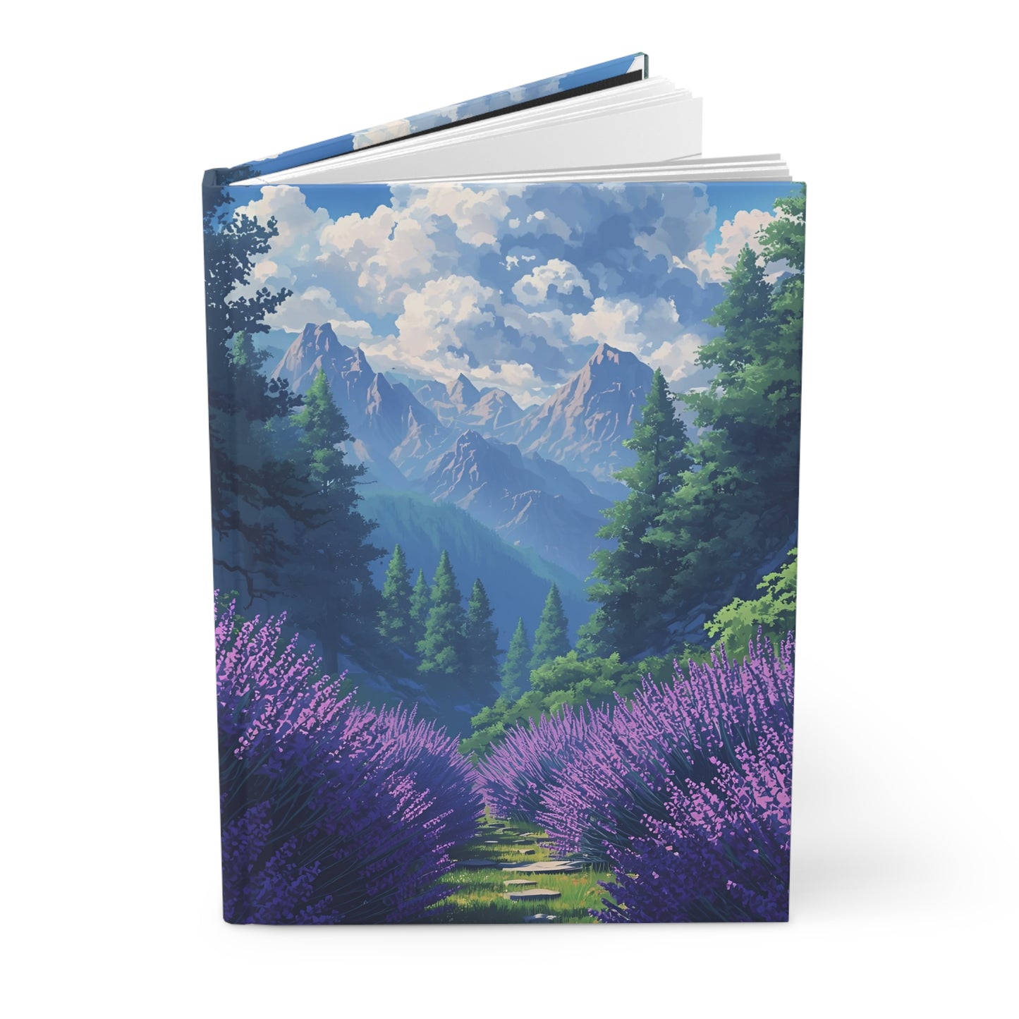 Notebook with a mountain and lavender design on the cover