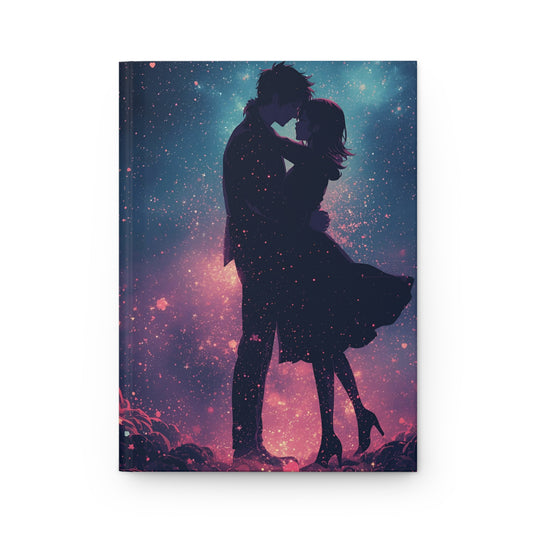 Silhouette of a couple embracing against a starry sky with pink and purple hues on a white background.