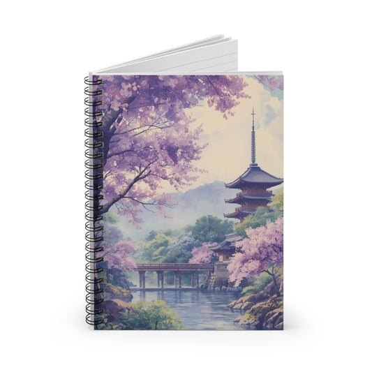 Notebook with cherry blossom and pagoda design on a white background