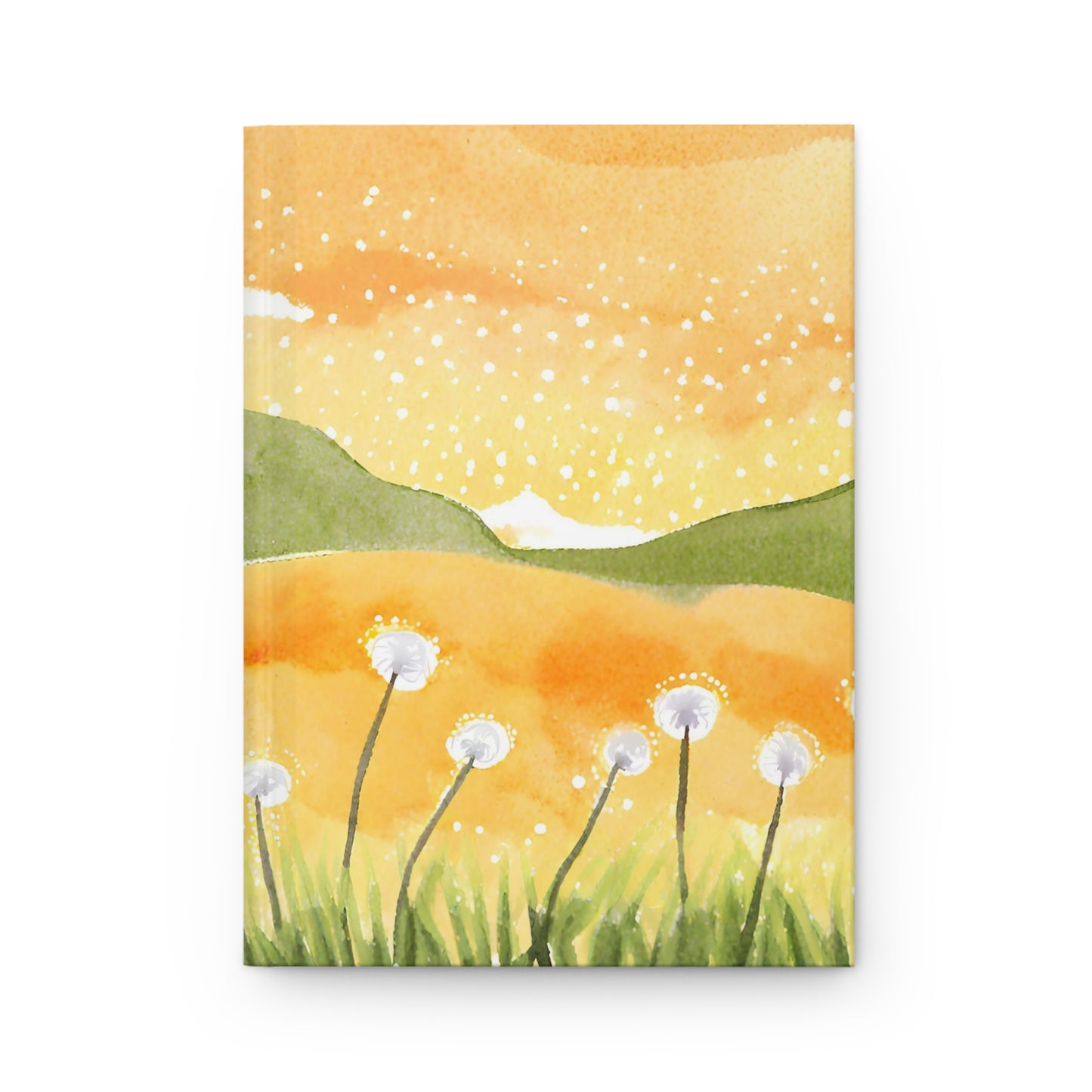 Painting of dandelions in a field with a yellow sky and green hills.