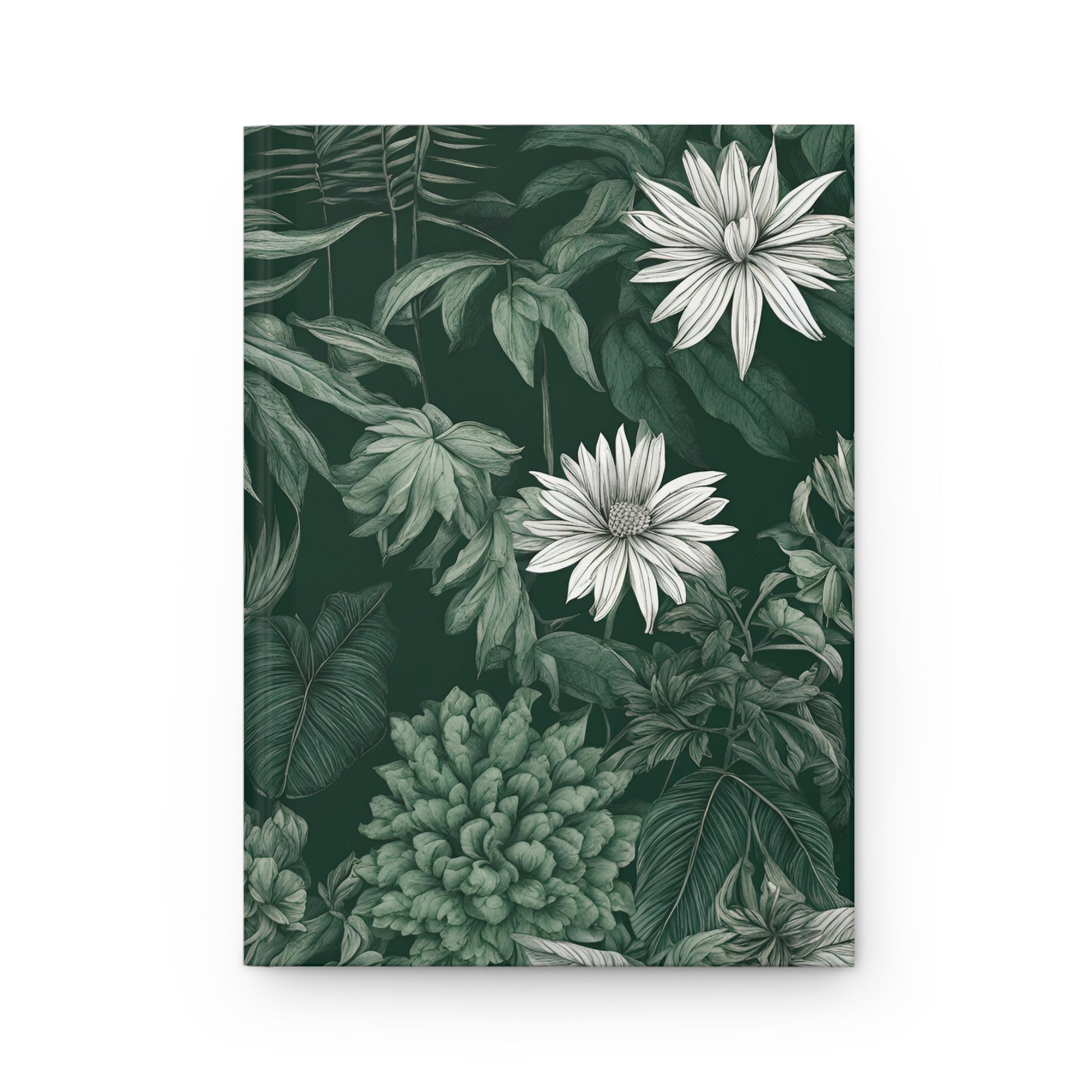 Notebook cover with green foliage and white flowers on a dark green background