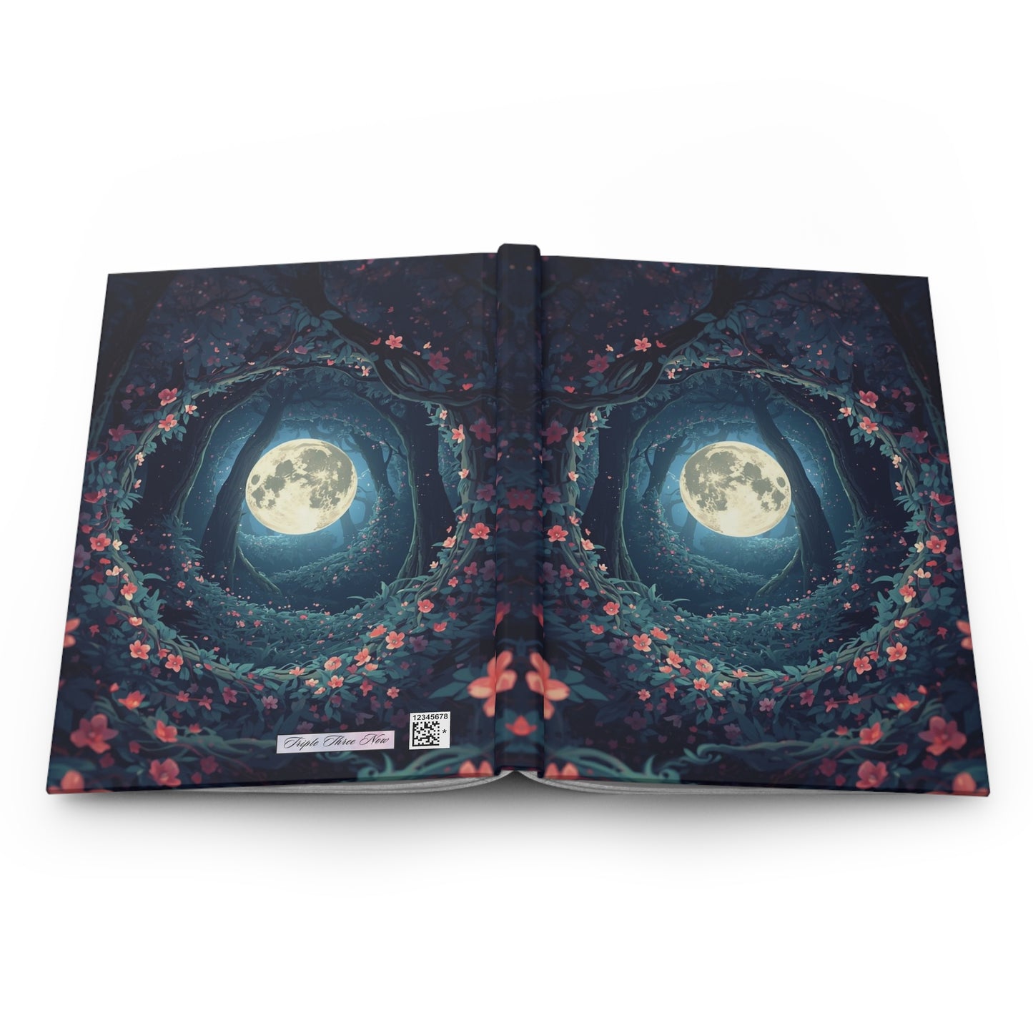 Open book with a design of an owl's face with eyes closed, showing a moon in the center on a white background.