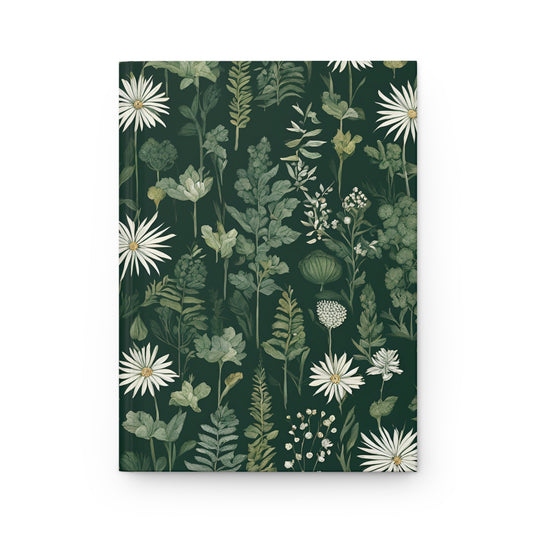 Notebook with a floral and leaf pattern on a dark green background