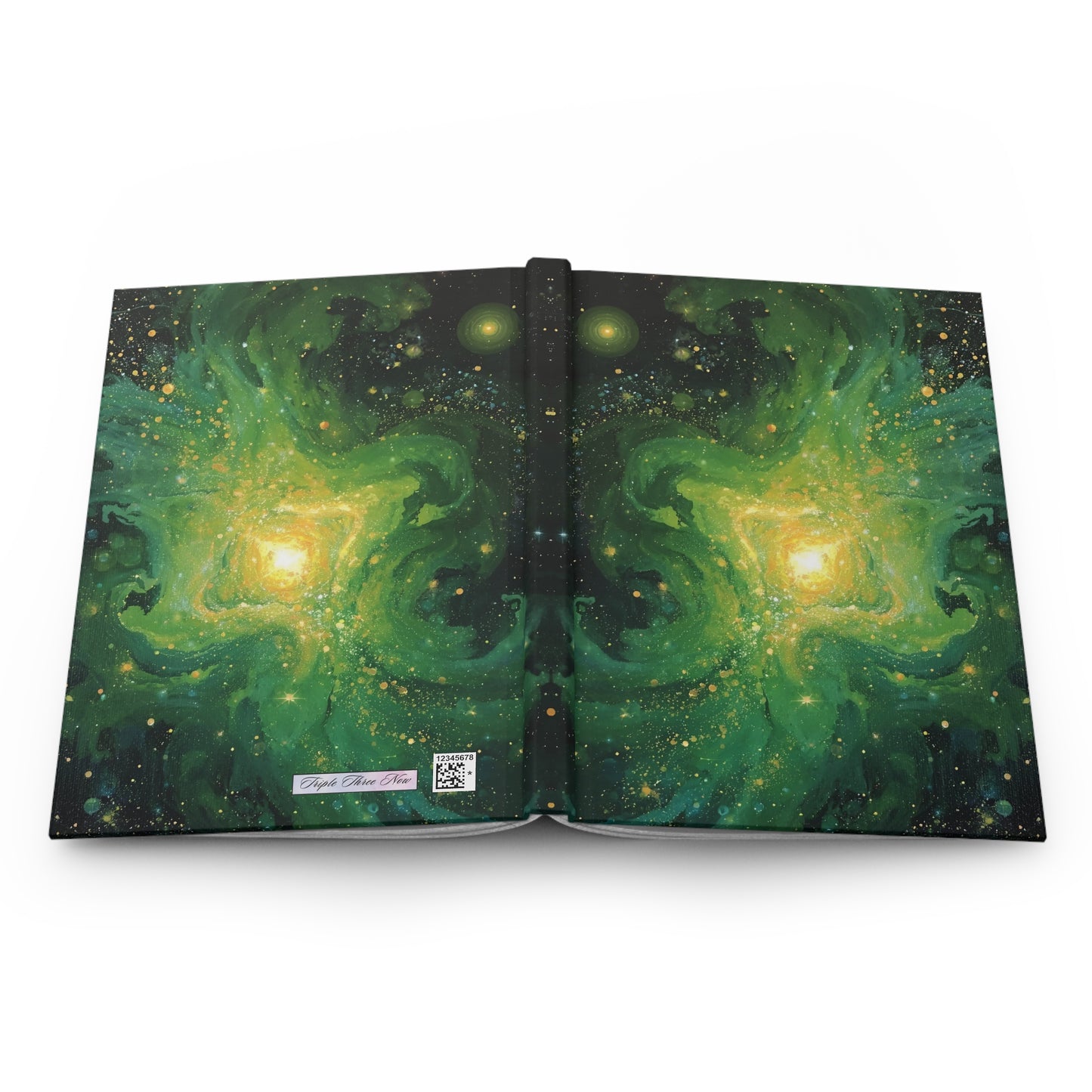 Open book with green galaxy design on a white background