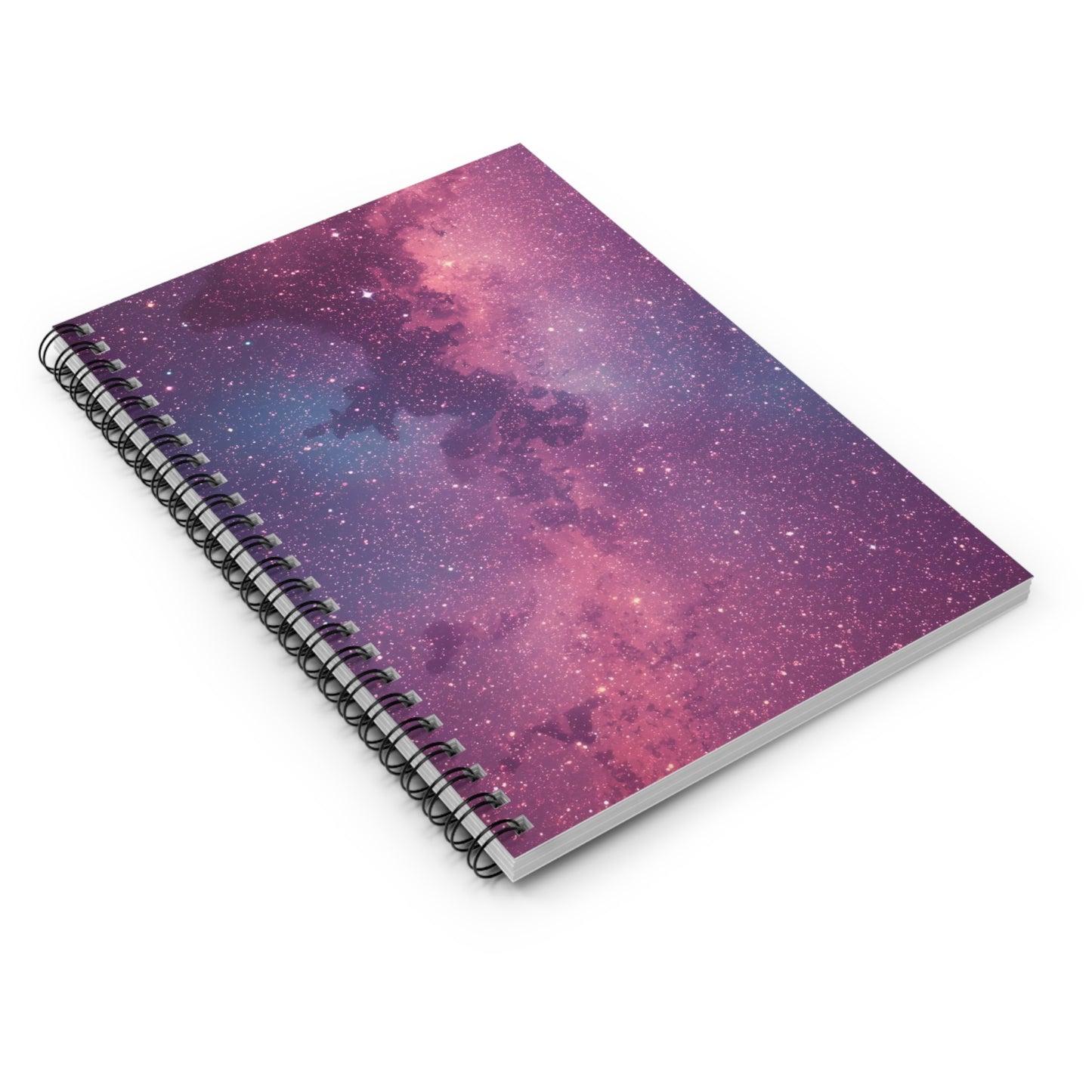 Spiral notebook with a galaxy-themed cover on a white background