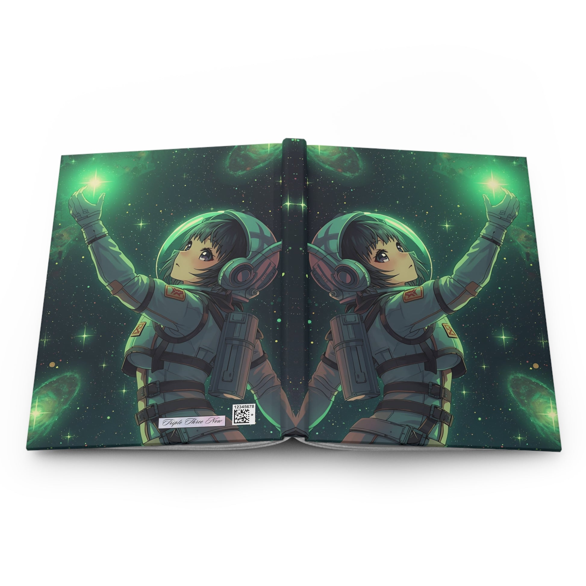 Open book with an illustration of a character in a space suit against a cosmic background