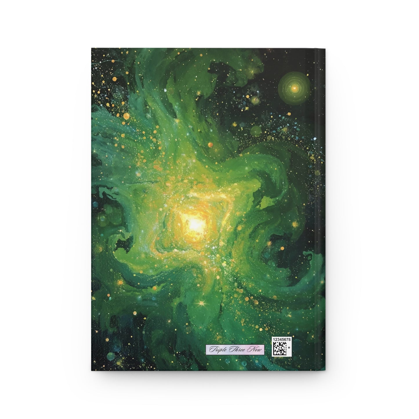 Notebook with a green galaxy design on a white background