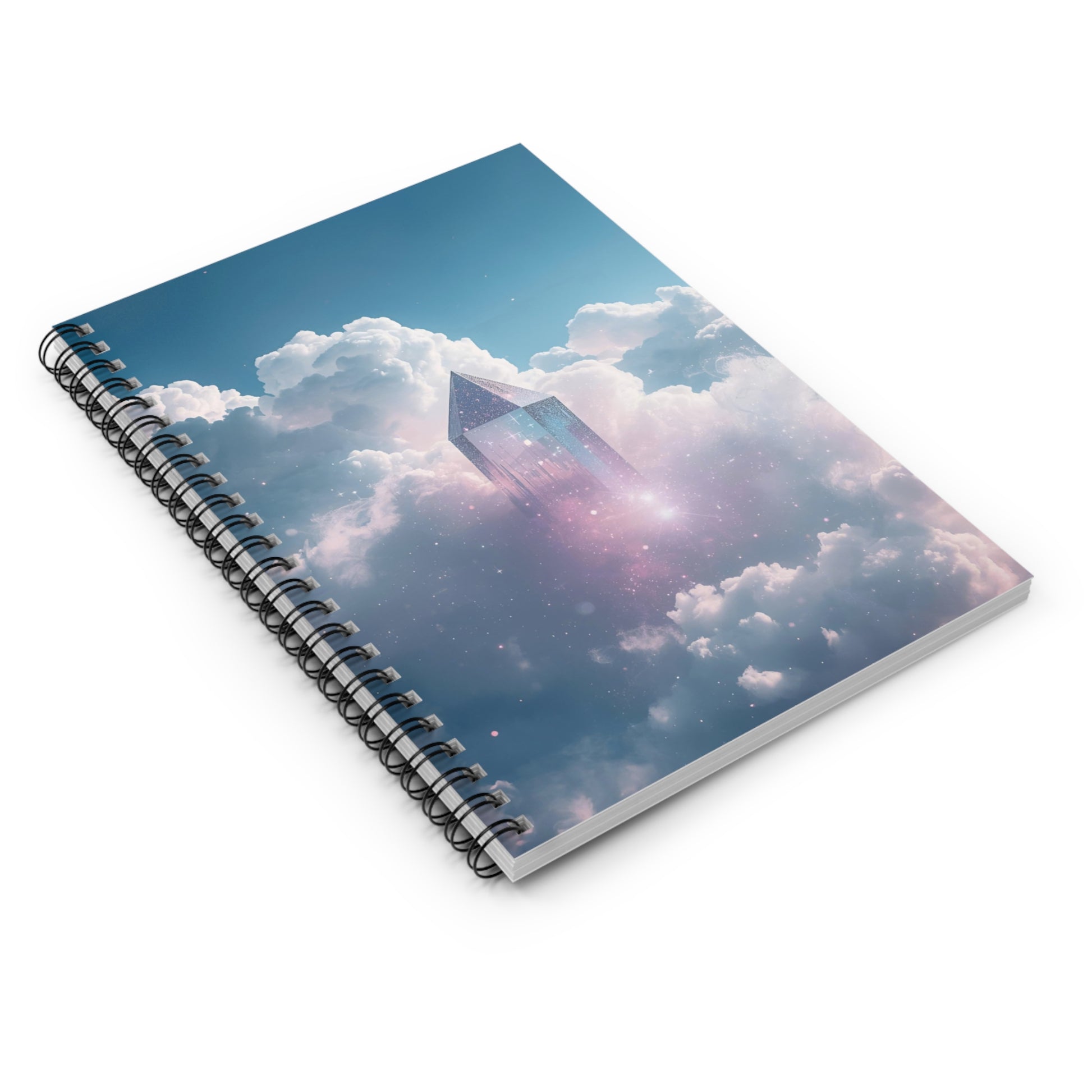 Spiral-bound notebook with a design of a skyscraper and clouds on the cover