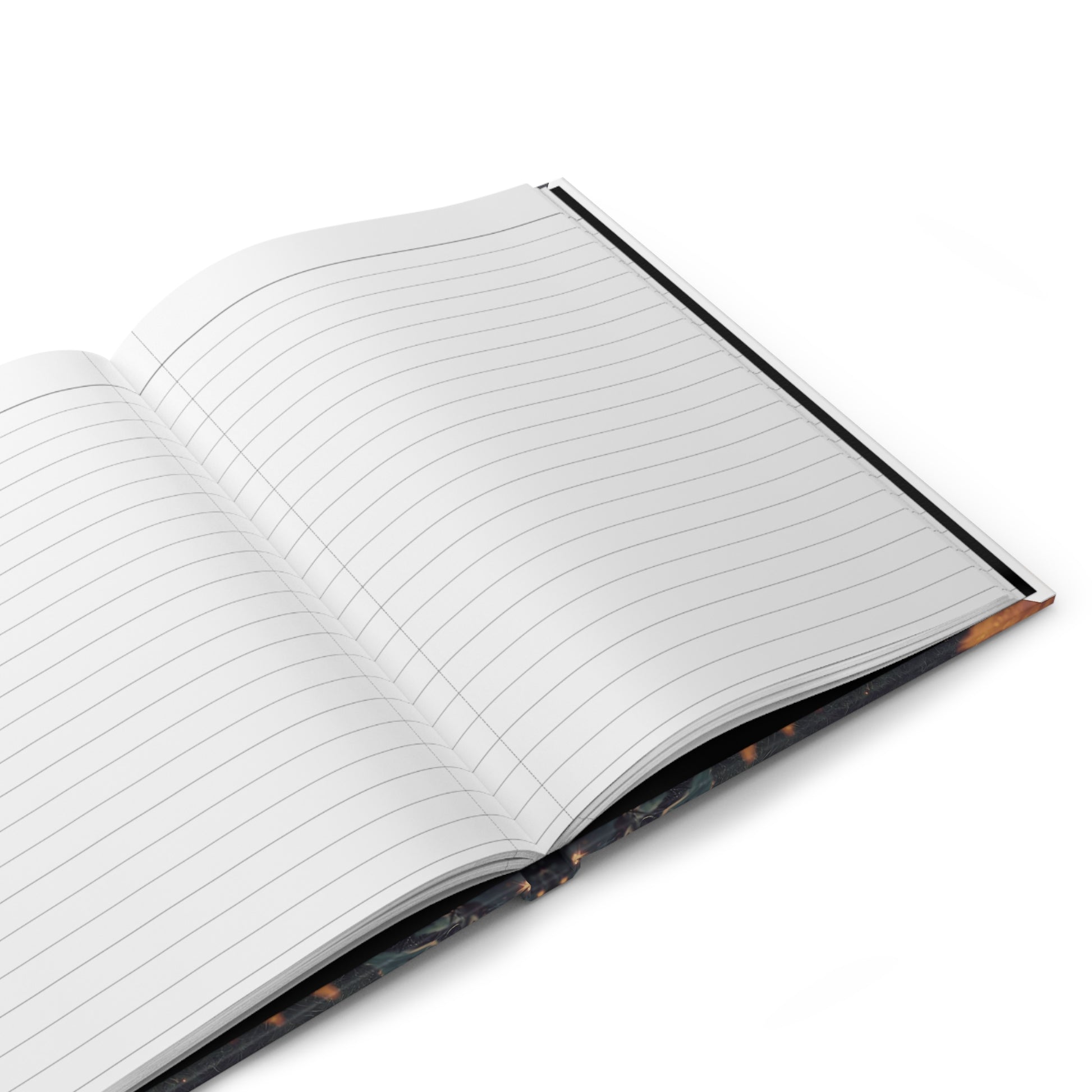 Open notebook with lined pages on a white background