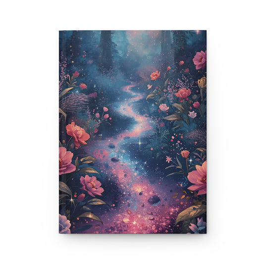 Notebook cover with a fantasy design of flowers and a starry path on a white background