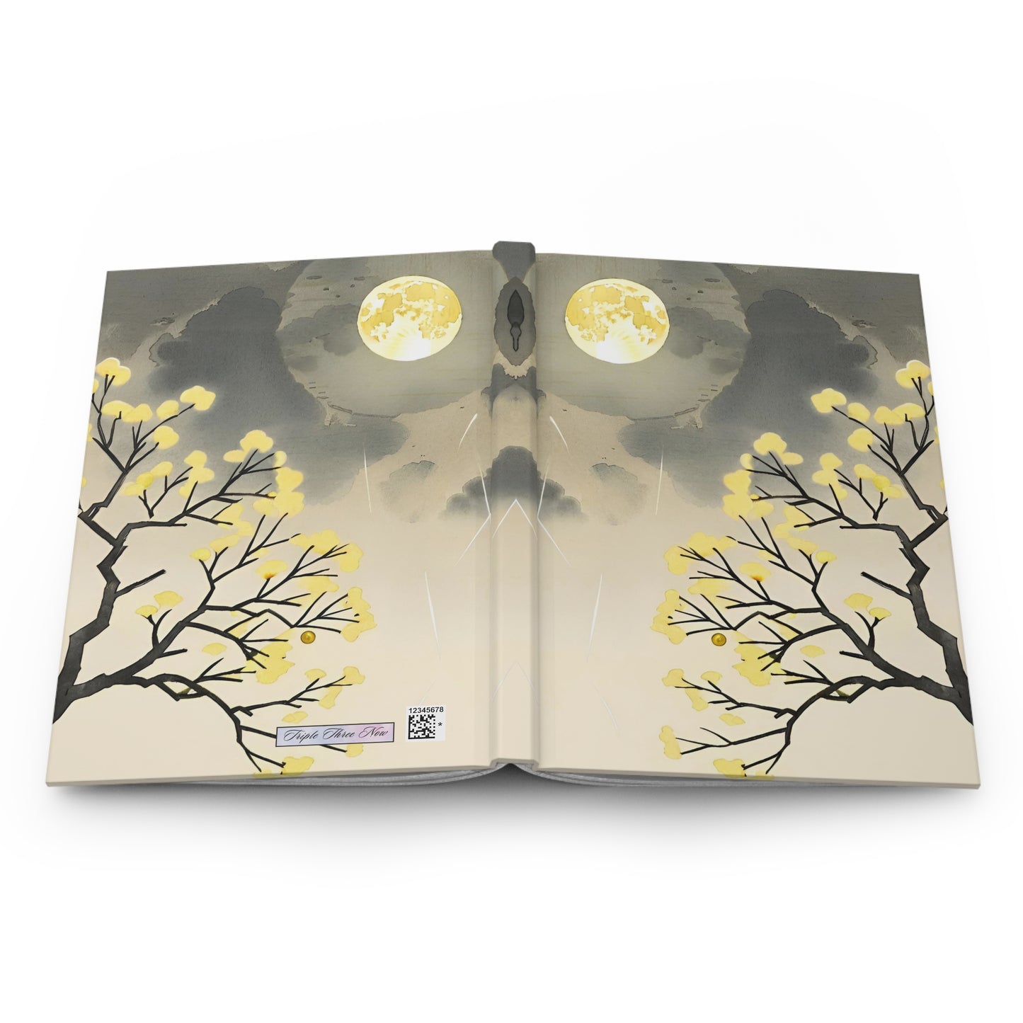 Open book with tree and moon illustration on a white background